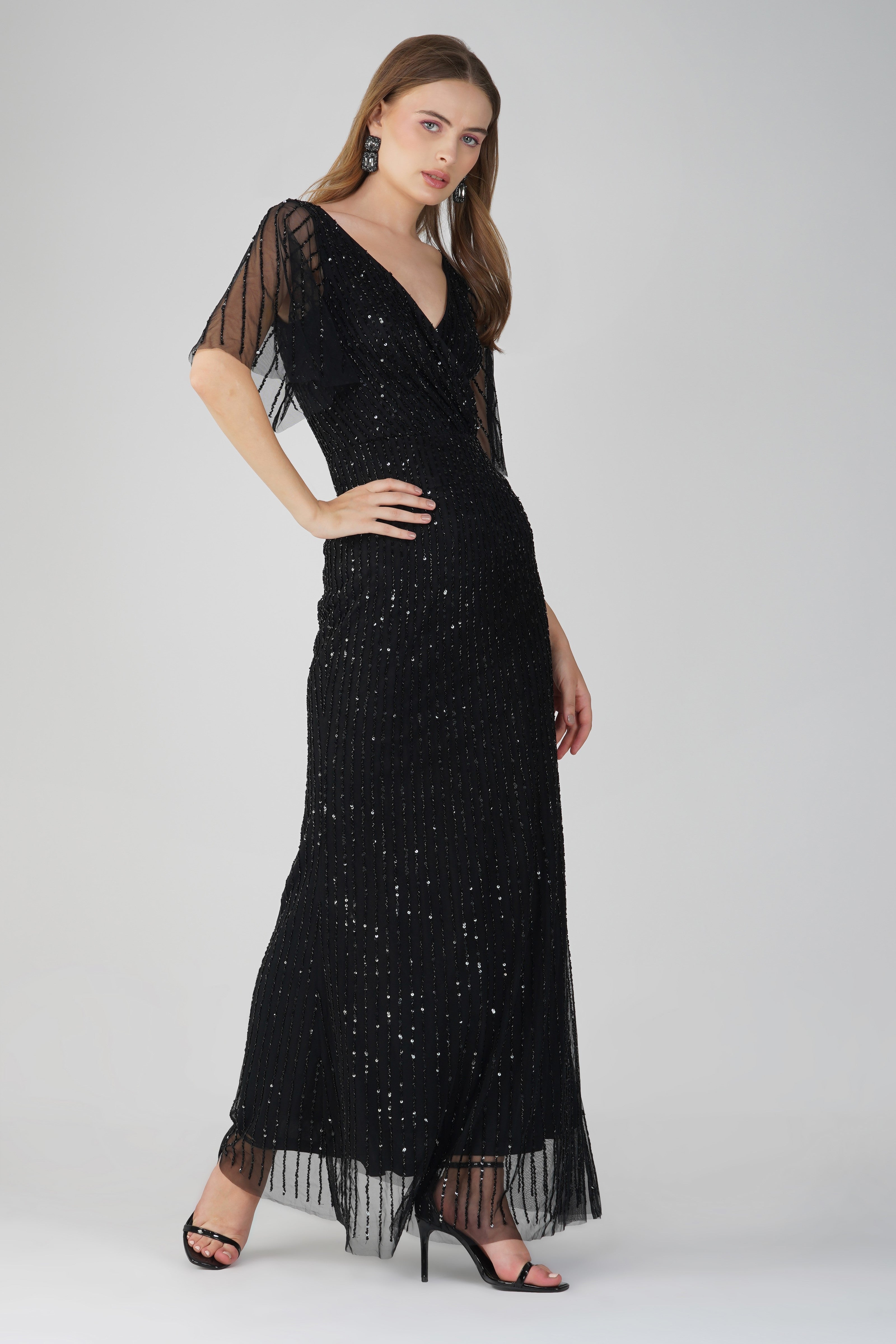 Elegant Black Embellished Maxi Dress for Women | Formal Evening Gown | Wedding Guest Dress | Party & Special Occasion Outfit