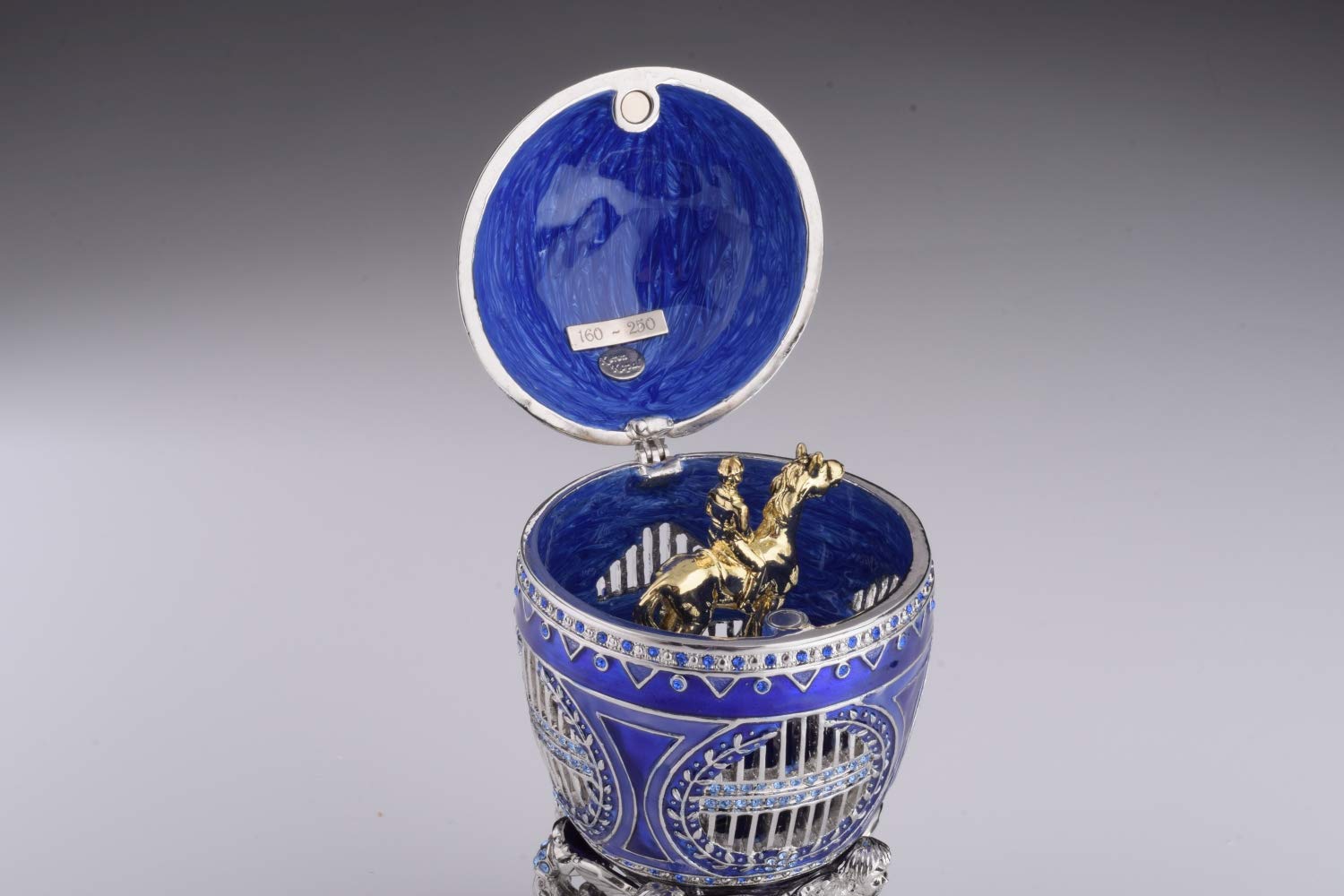 Blue Russian Egg Trinket Box with Man Riding Horse Surprise Inside - Unique Faberge Egg Decorated with Austrian Crystals - Limited Edition Collectible Easter Gift for Home Decor, Jewelry Storage & Holiday Display