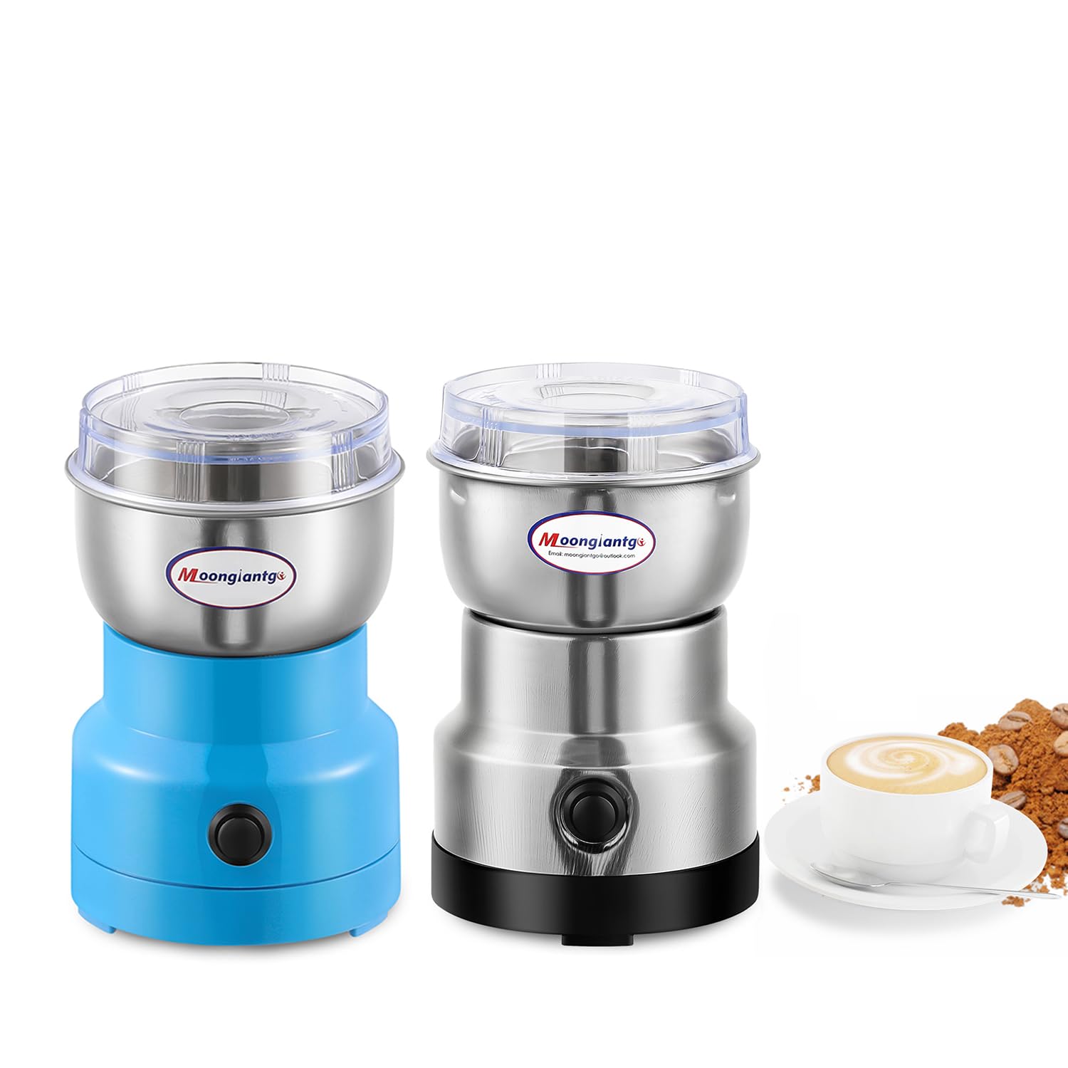 Moongiantgo 2-Pack Mini Electric Coffee Grinder for Spices, Nuts & Beans - Compact & Powerful (Silver + Blue) - Perfect for Home Kitchen, Camping & Travel Use