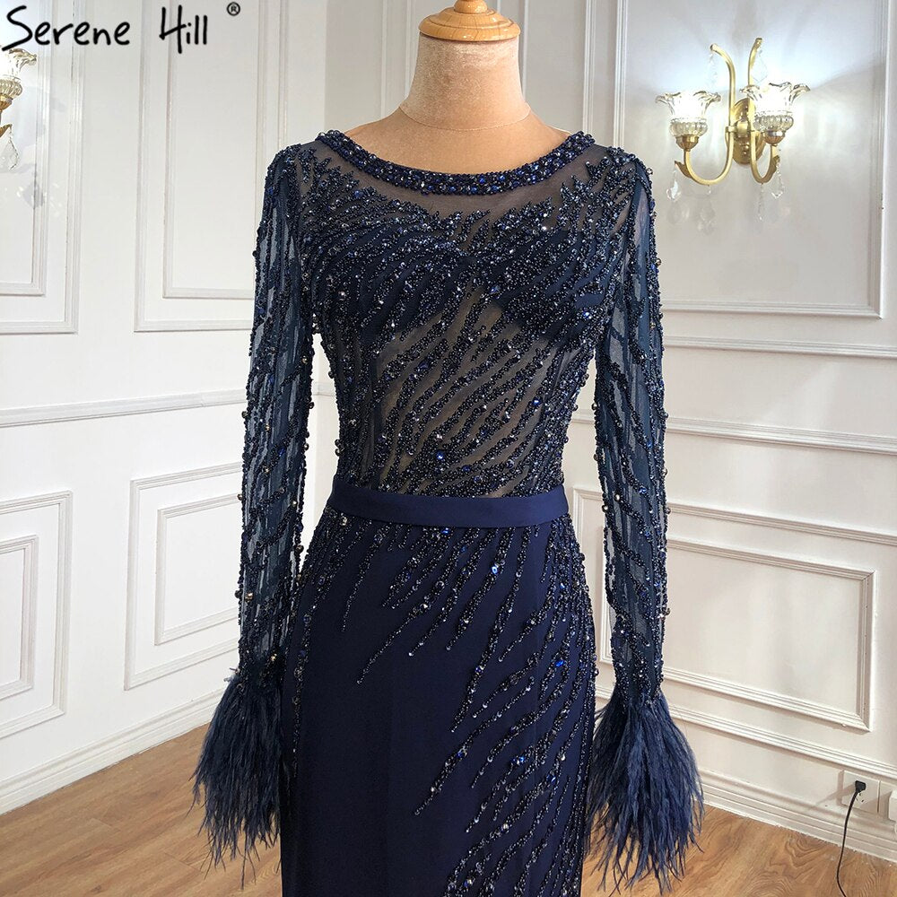 Luxury Navy Blue Muslim Evening Gowns for Women 2025 - Elegant Mermaid Beaded Feather Dress for Parties, Weddings & Special Occasions - Serene Hill Collection LA70978