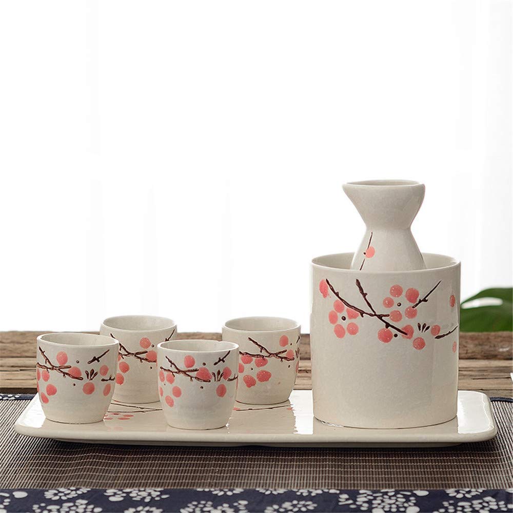 Premium Japanese Sake Set - 7 Piece Ceramic Sake Serving Kit with 1 Bottle, 4 Cups, Warmer Pot & Tray - Pink Blossom Design for Home Entertaining, Gift Giving & Traditional Tea Ceremonies