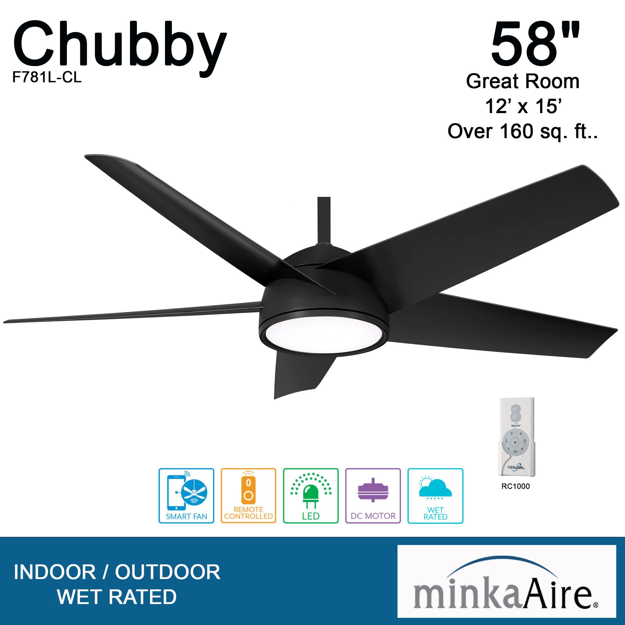 Minka Aire F781L-CL Chubby 58 Inch Outdoor Ceiling Fan with LED Light Kit and Remote Control - Coal Black - Perfect for Patio, Deck, and Covered Porch