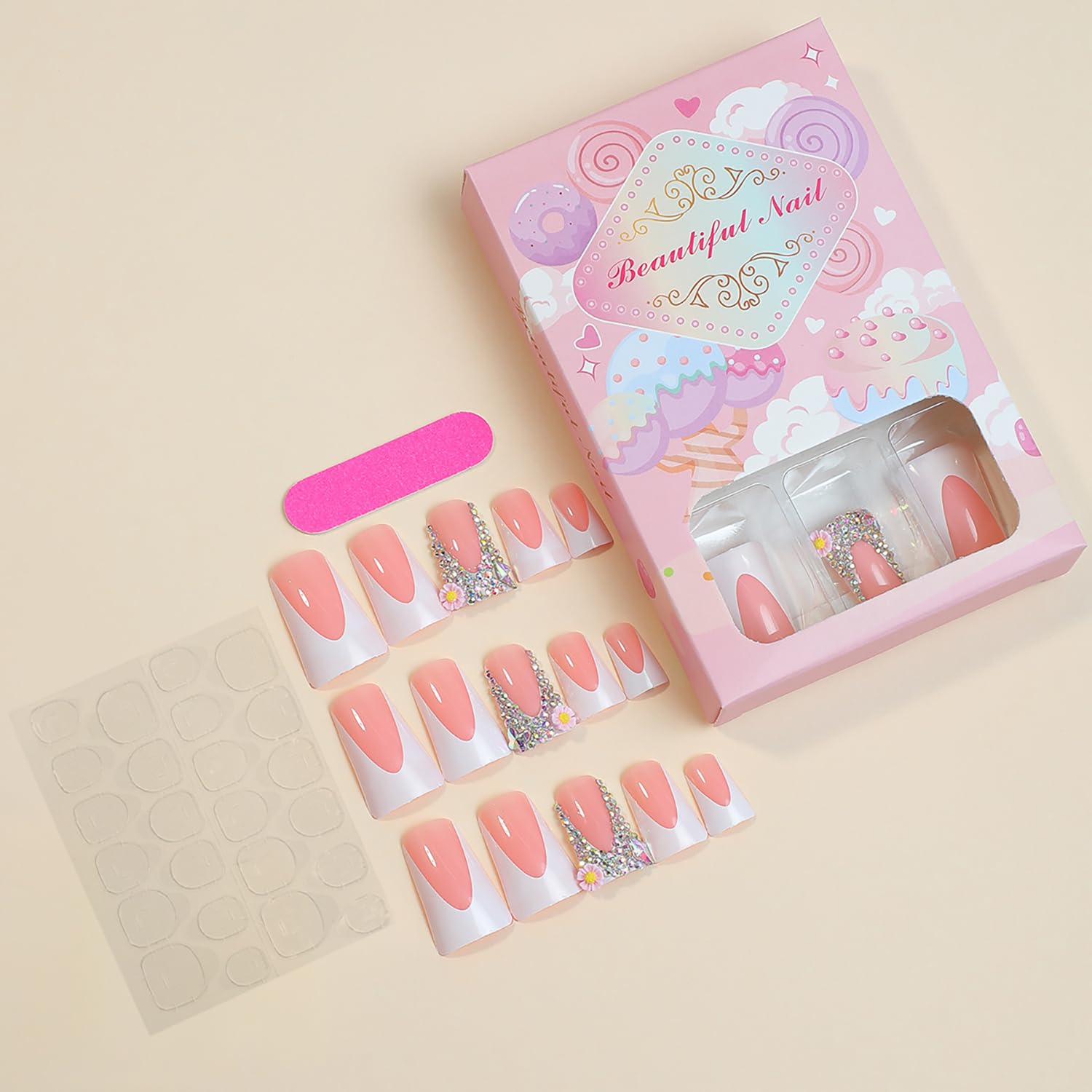 24 Pcs Duck Nails Press On - White French Tips with Rhinestones & Floral Designs - Reusable Gel False Nails Kit for Manicure - Perfect for Parties, Weddings, and Special Occasions