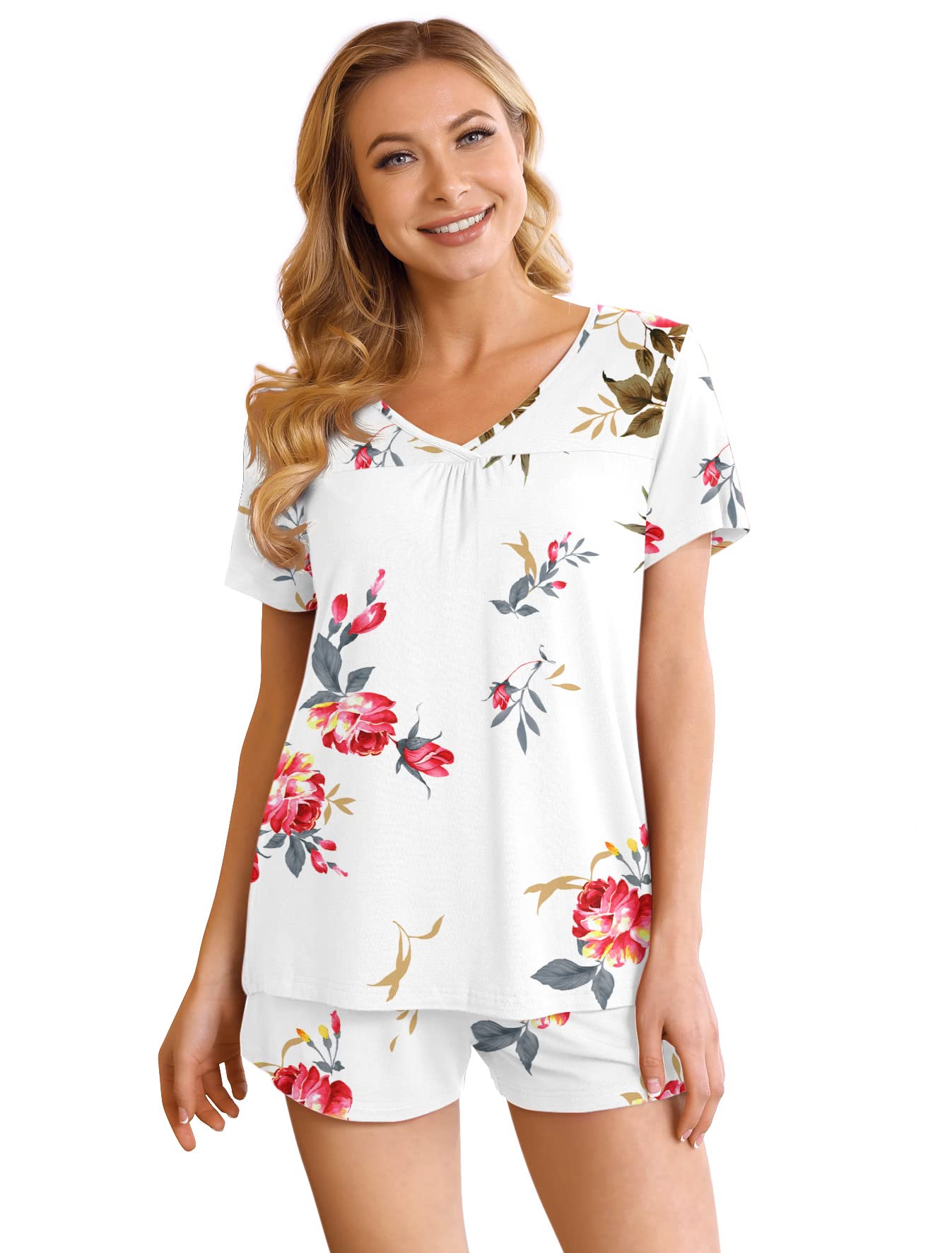POKWAI Women's Soft 2-Piece Pajama Set with Pockets - Short Sleeve & Shorts Lounge Sleepwear for Summer Nights, Relaxing at Home, and Travel Comfort