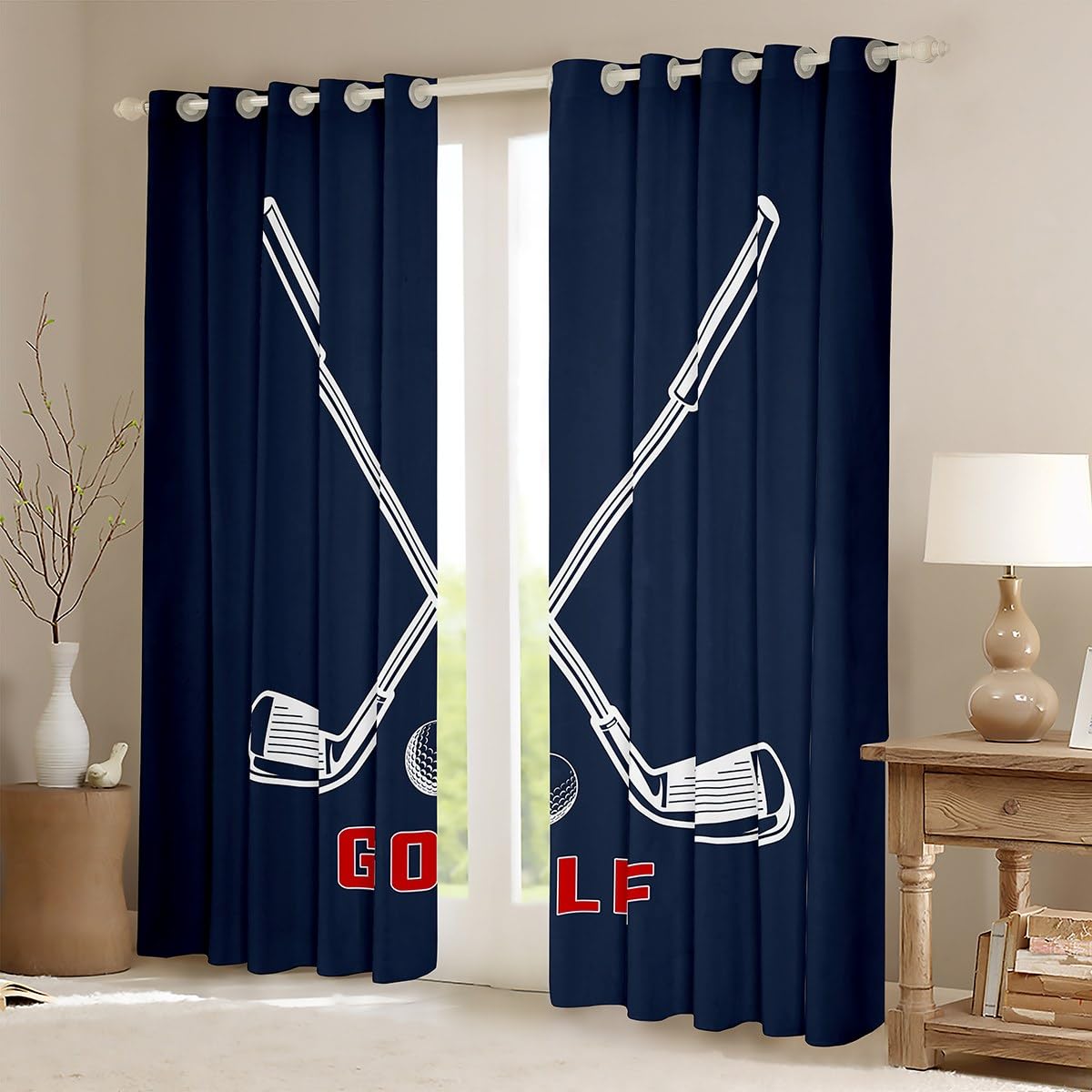 Premium Golf Ball Window Curtains - White & Navy Blue Modern Golf Theme Drapes for Kids, Boys, Men & Adults (38