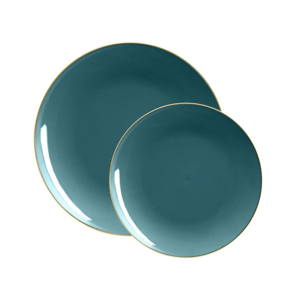 Eco-Friendly Round Plastic Plates - Teal Green with Gold Rim | Durable & Stylish Disposable Dinnerware for Parties, Picnics, and Events