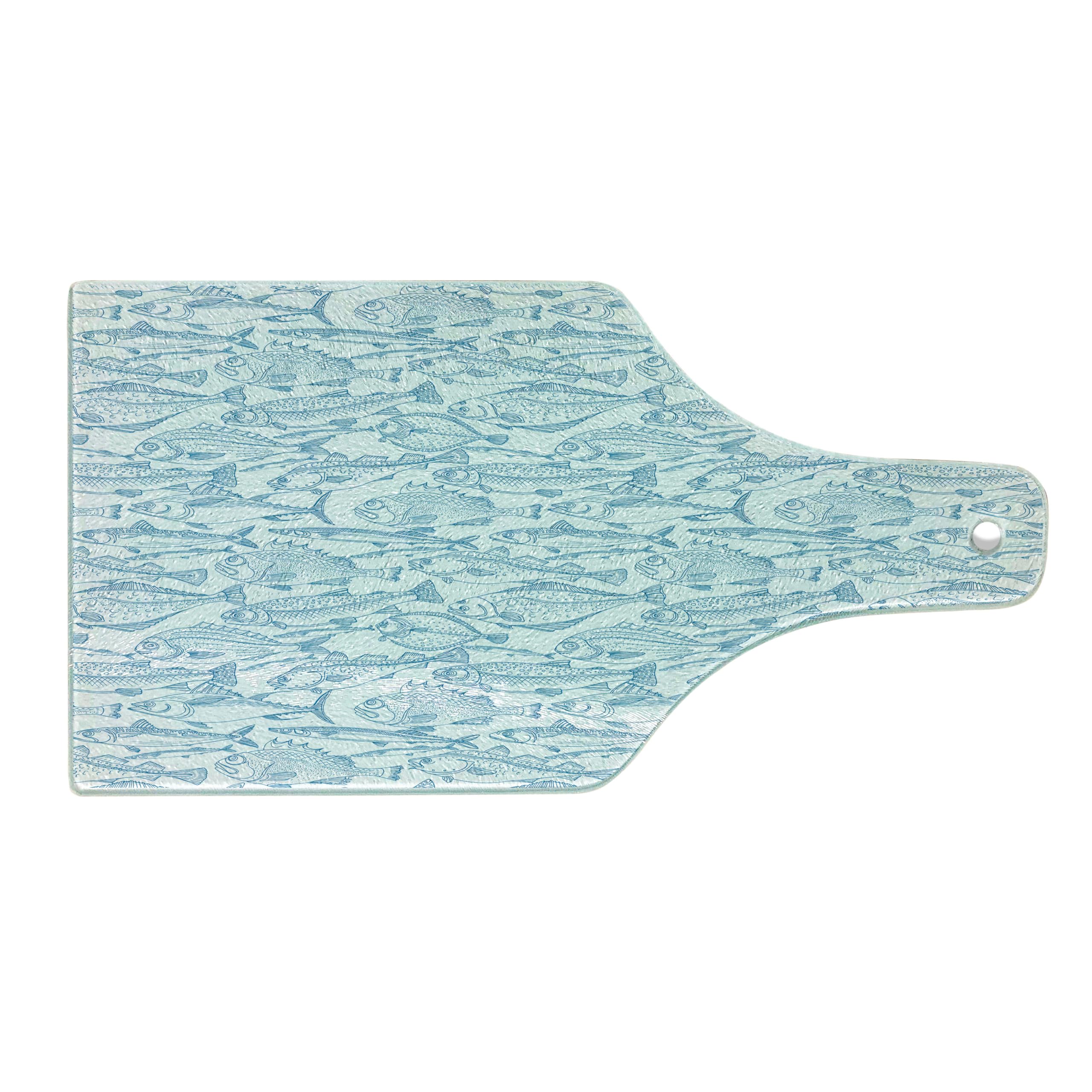 Lunarable Fish-Themed Tempered Glass Cutting Board - Perch, Cod, Mackerel, Flounder Print on White & Blue Sea Design - Decorative Serving Board with Wine Bottle Shape - Perfect for Kitchen, Dining & Gift Giving