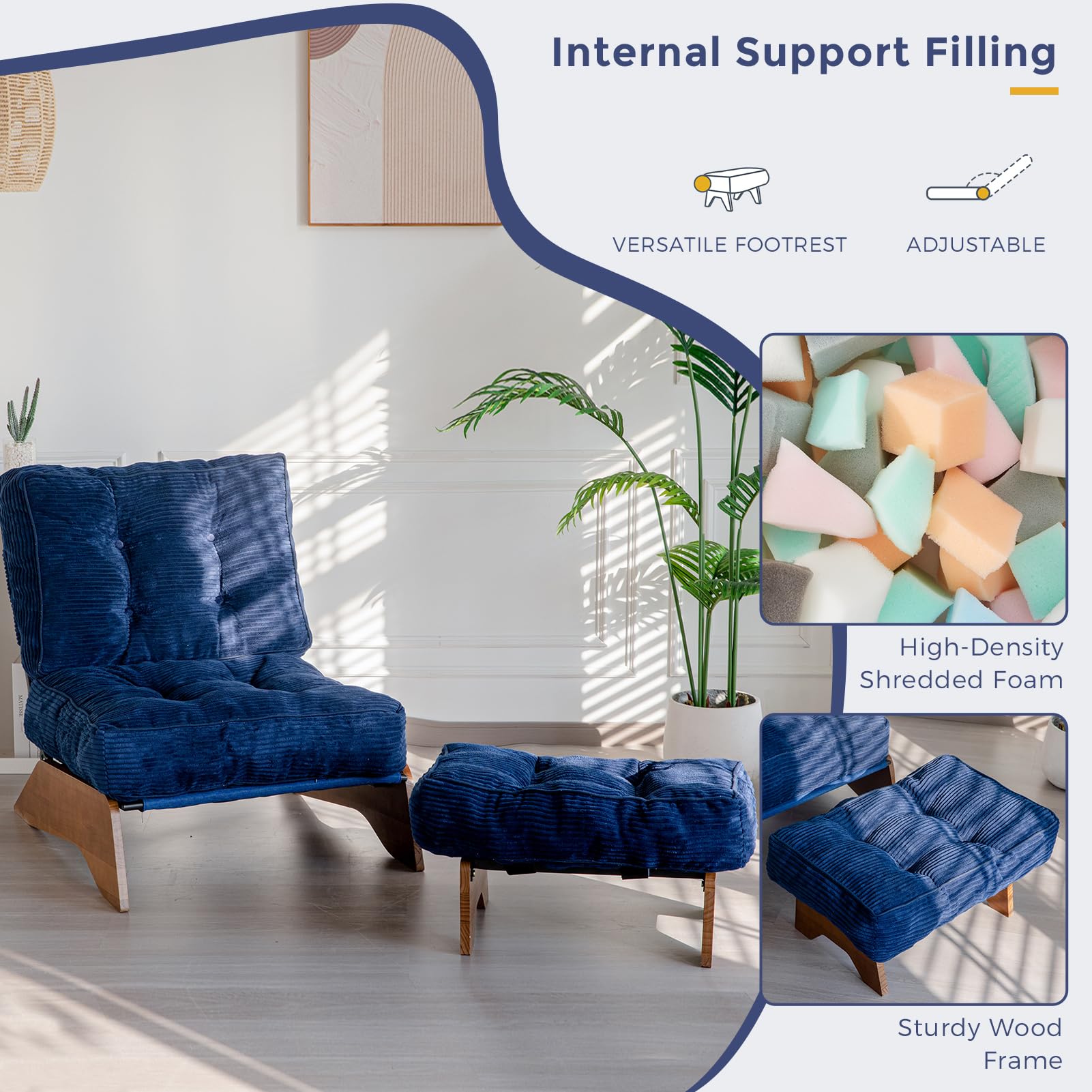 MAXYOYO Adjustable Accent Chair with Ottoman Set - Tufted Lounge Chair in Navy Blue for Living Room, Bedroom & Office - Comfortable Modern Furniture for Relaxing & Reading