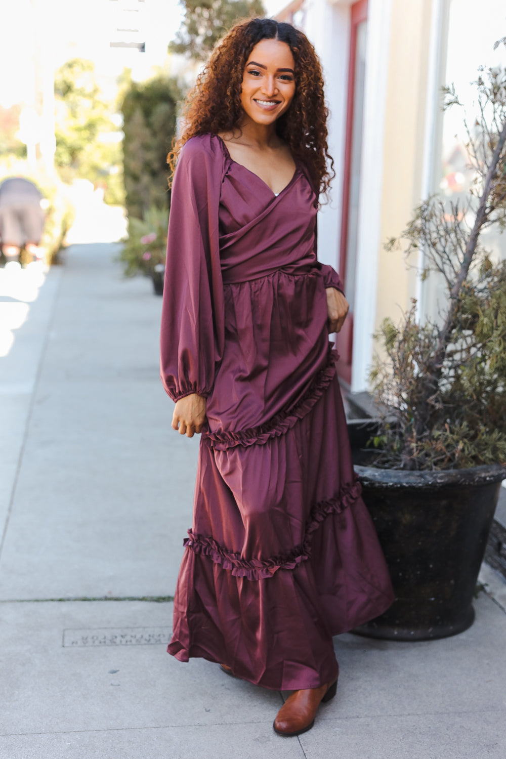Holiday Vibes Wine Satin Front Overlap Smocked Back Maxi Dress for Women - Elegant Party Gown for Christmas, New Year & Special Occasions