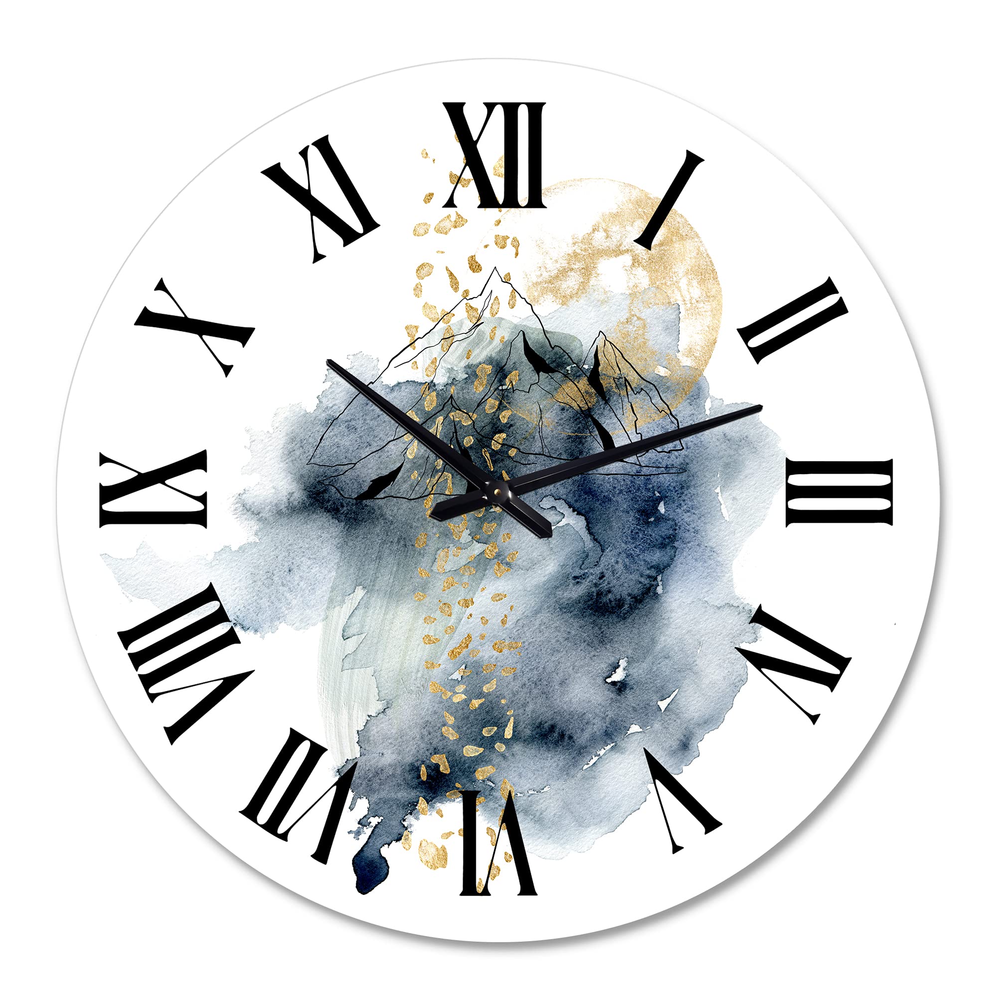 Minimalist Mountain Moon Landscape Wall Clock - Large Abstract Fractal Art Modern Home Decor for Living Room, Bedroom & Office