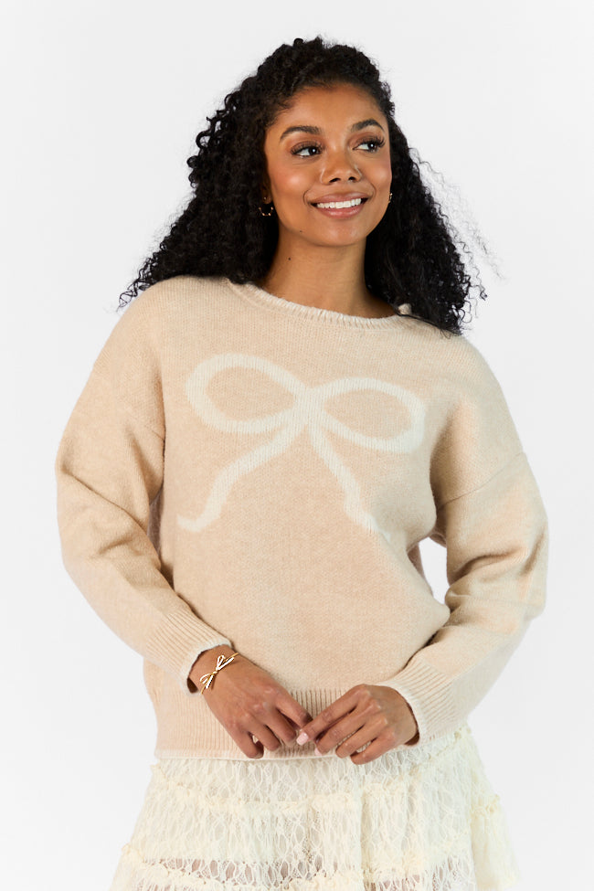 Peek A Bow Beige and Ivory Crew Neck Sweater for Women - Soft Knit Pullover Top for Fall & Winter - Casual Office Wear & Holiday Outfits