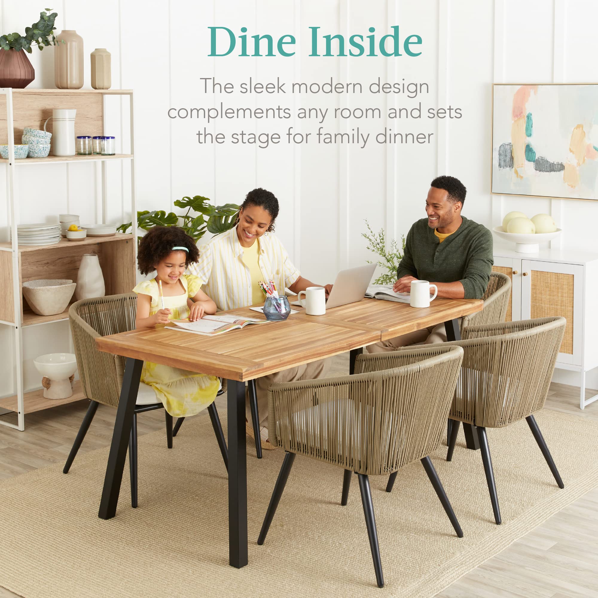 Best Choice Products 6-Person Acacia Wood Dining Table for Indoor & Outdoor Use - Powder-Coated Steel Frame, 350 lb Capacity - Perfect for Patio, Garden, Backyard & Picnic Gatherings