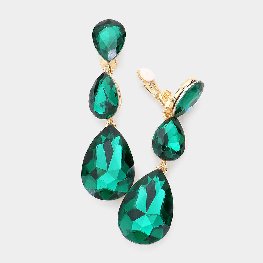 Emerald Crystal Triple Teardrop Clip-On Earrings for Pageant, Prom & Special Occasions | 545361 | Elegant Jewelry for Weddings, Parties & Evening Events