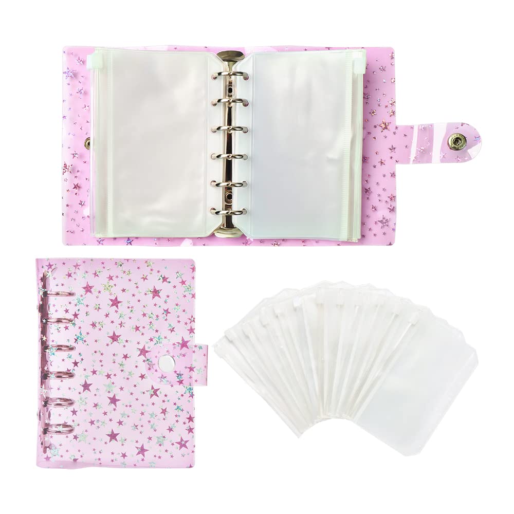 A7 Star Photocard Binder & 12pc Zip Pouch Set - Pink Soft PVC Budget Binder with Refillable Cash Envelopes, 6-Ring Loose Leaf Folder & Pockets for Kpop Albums, DIY Scrapbooking, Gift Giving & Organizing (Pink)