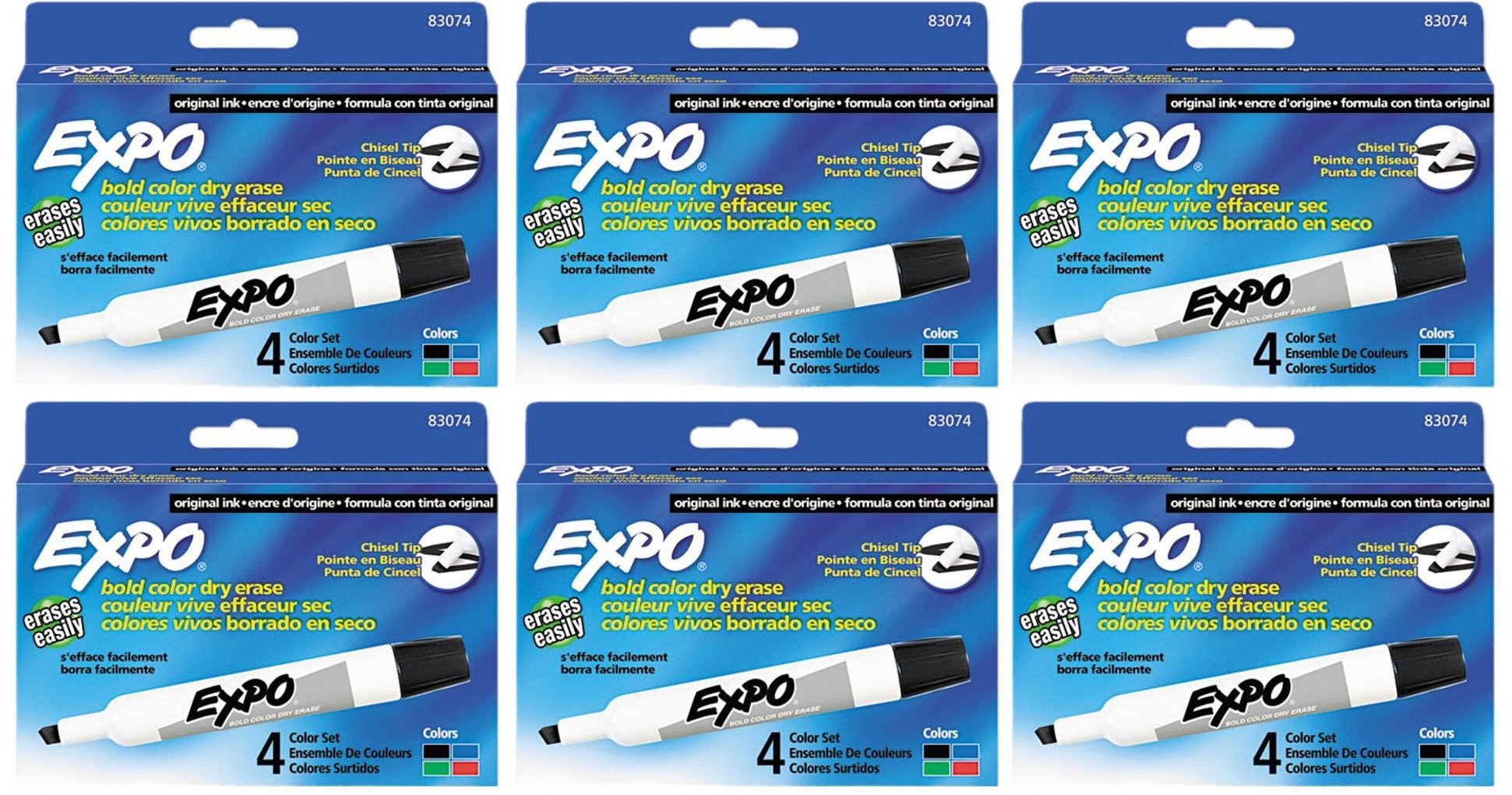 Expo 83074 Assorted Color Chisel Tip Dry Erase Markers - 24 Pack (6 Boxes of 4 Markers) - Vibrant Whiteboard Markers for Office, Classroom & Home Use - Ideal for Presentations, Teaching & Planning
