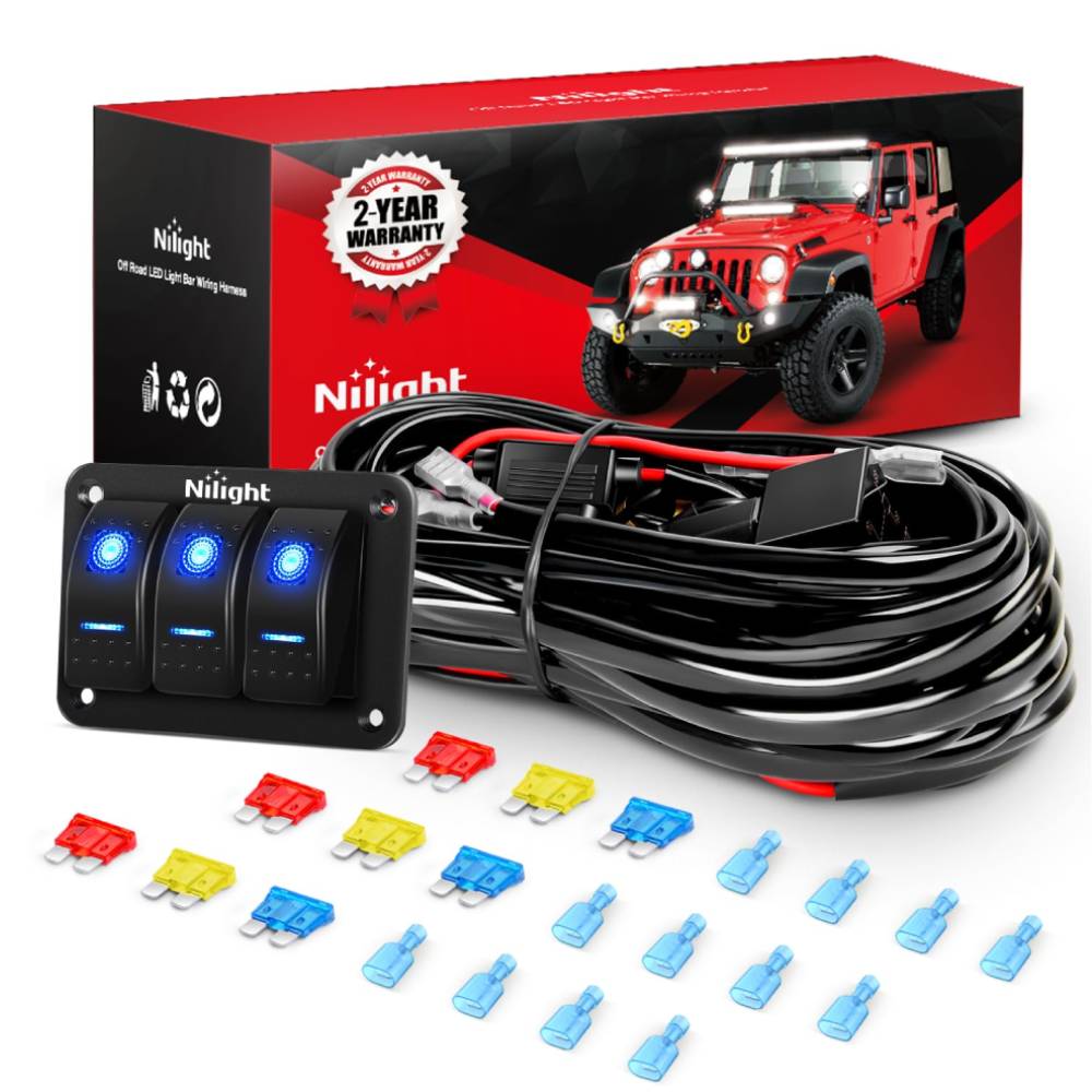 16AWG 6-Lead Wire Harness with 3 Gang Rocker Switch, 9 Fuses & 12 Spade Connectors - Perfect for Automotive, Marine & RV Electrical Systems