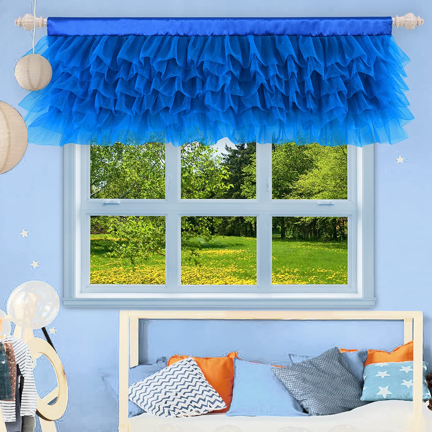 Besutolife Blue Tulle Valance Curtain - Ruffled Window Valance for Baby Boy Nursery, Home Decor, Birthday Party & Special Events - Elegant Window Treatment for Nursery Room & Bedroom Decorations