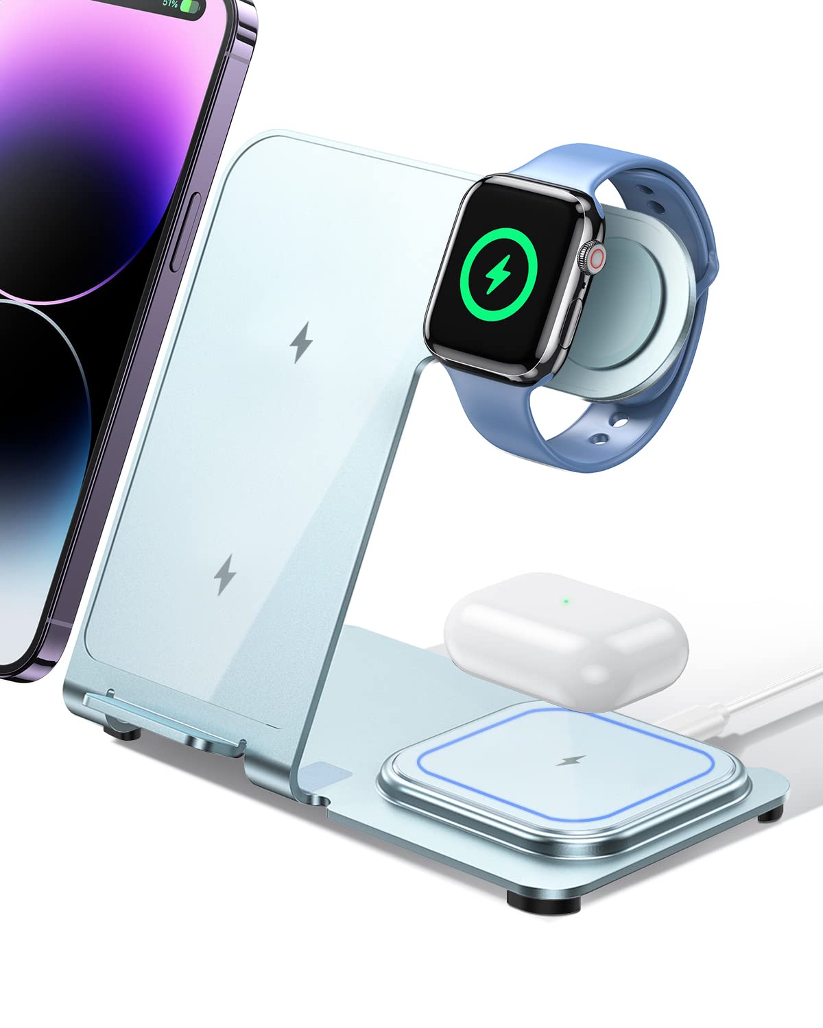 3-in-1 Wireless Charging Station for Apple Devices - iPhone 15/14/13/12/11/XS/XR/X/8, Apple Watch 9/Ultra 2/8/7/6/SE/5/4/3/2, AirPods Pro 2/Pro/3/2/1 | Fast Charging Dock for Nightstand, Office & Travel (Y9, Blue)