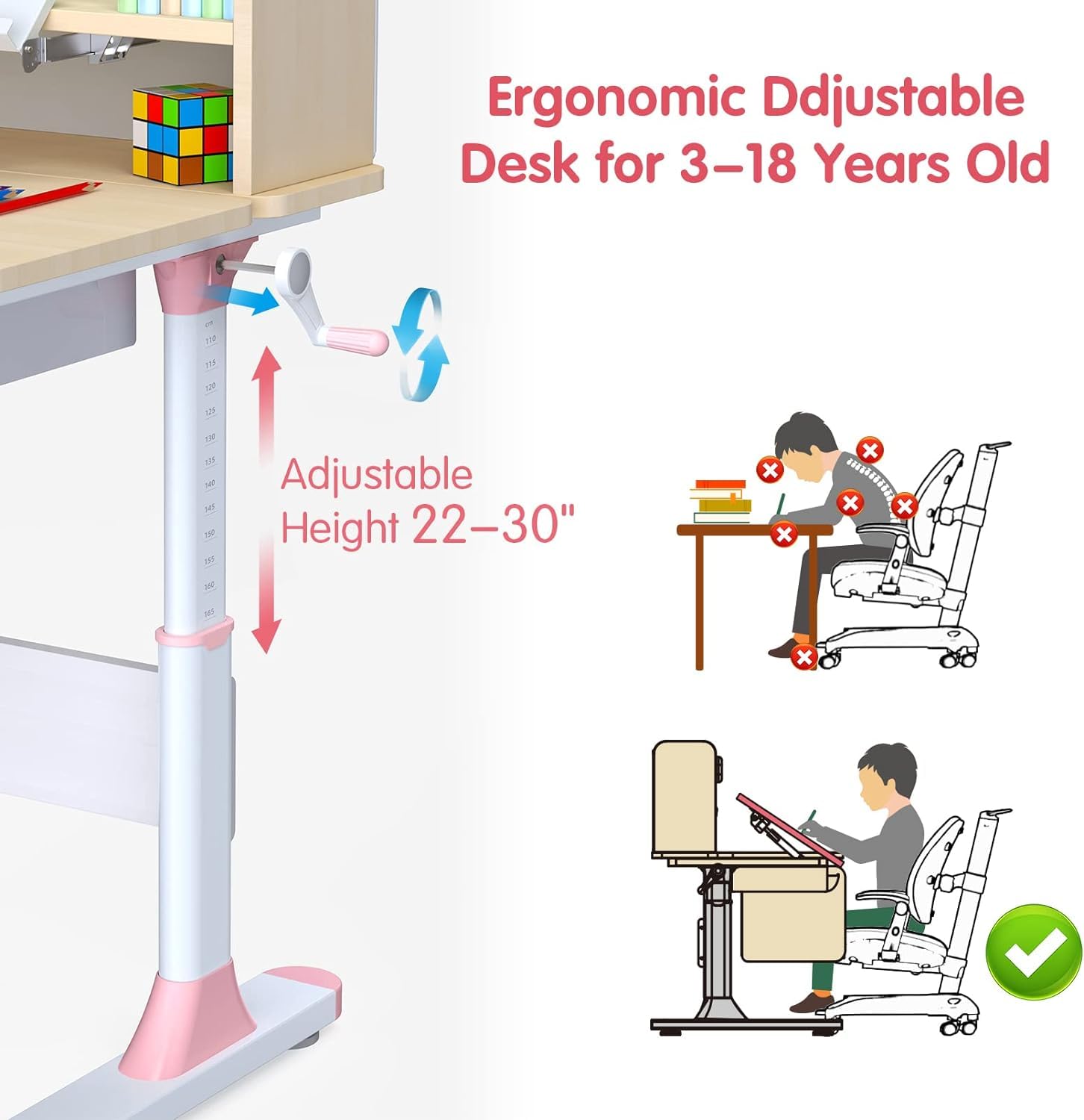 Ergonomic Adjustable Kids Study Desk with Bookshelf & Hutch - Multi-Function Wood Drafting Table & Computer Station (Desk-310, Pink) | Perfect for Homework, Online Learning & Home Office