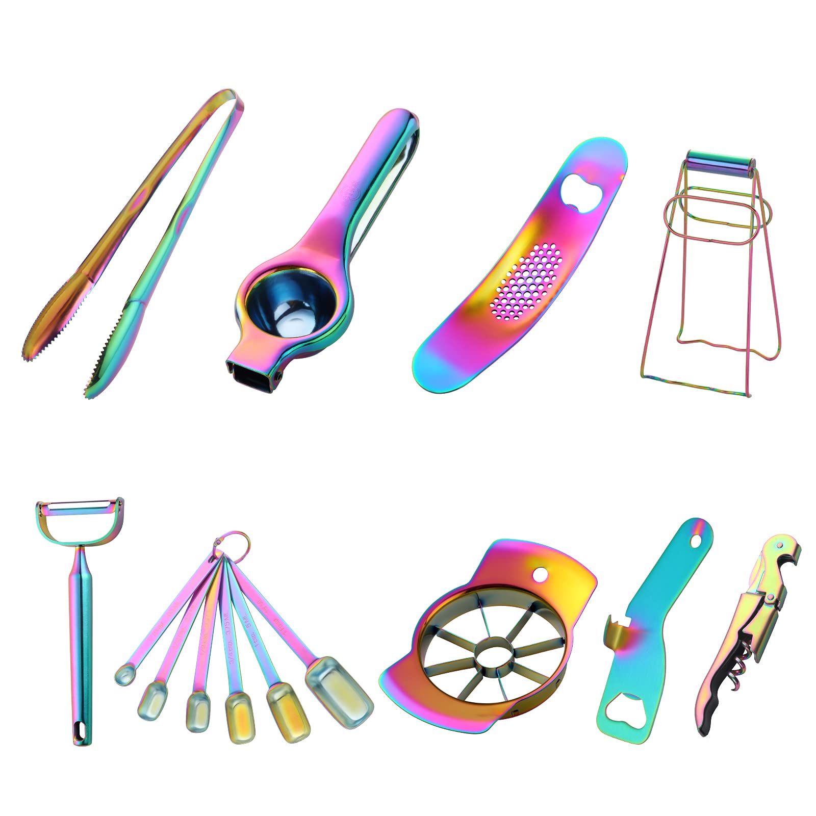 Rainbow 12-Piece Kitchen Tools Set - Garlic Press, Wine Opener, Measuring Spoons, Lemon Squeezer, Vegetable Peeler, Apple Cutter, Tongs & More - Dishwasher Safe for Cooking, Baking & Meal Prep