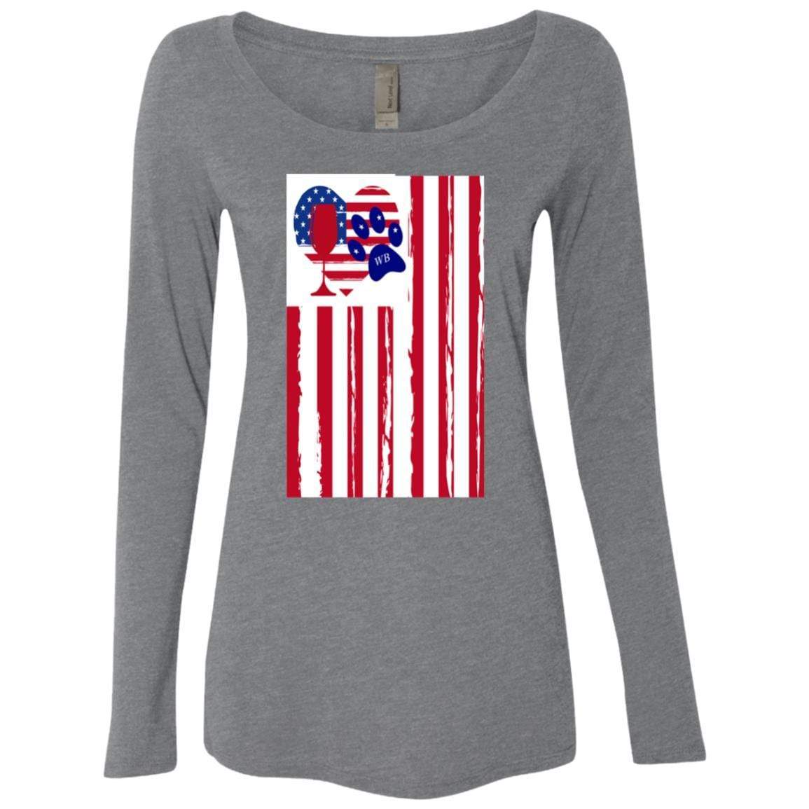American Flag Wine Glass - Patriotic Heart Paw Print Design for Women | Long Sleeve Scoop Neck Triblend Shirt | Perfect for 4th of July, Memorial Day & Girls Night Out