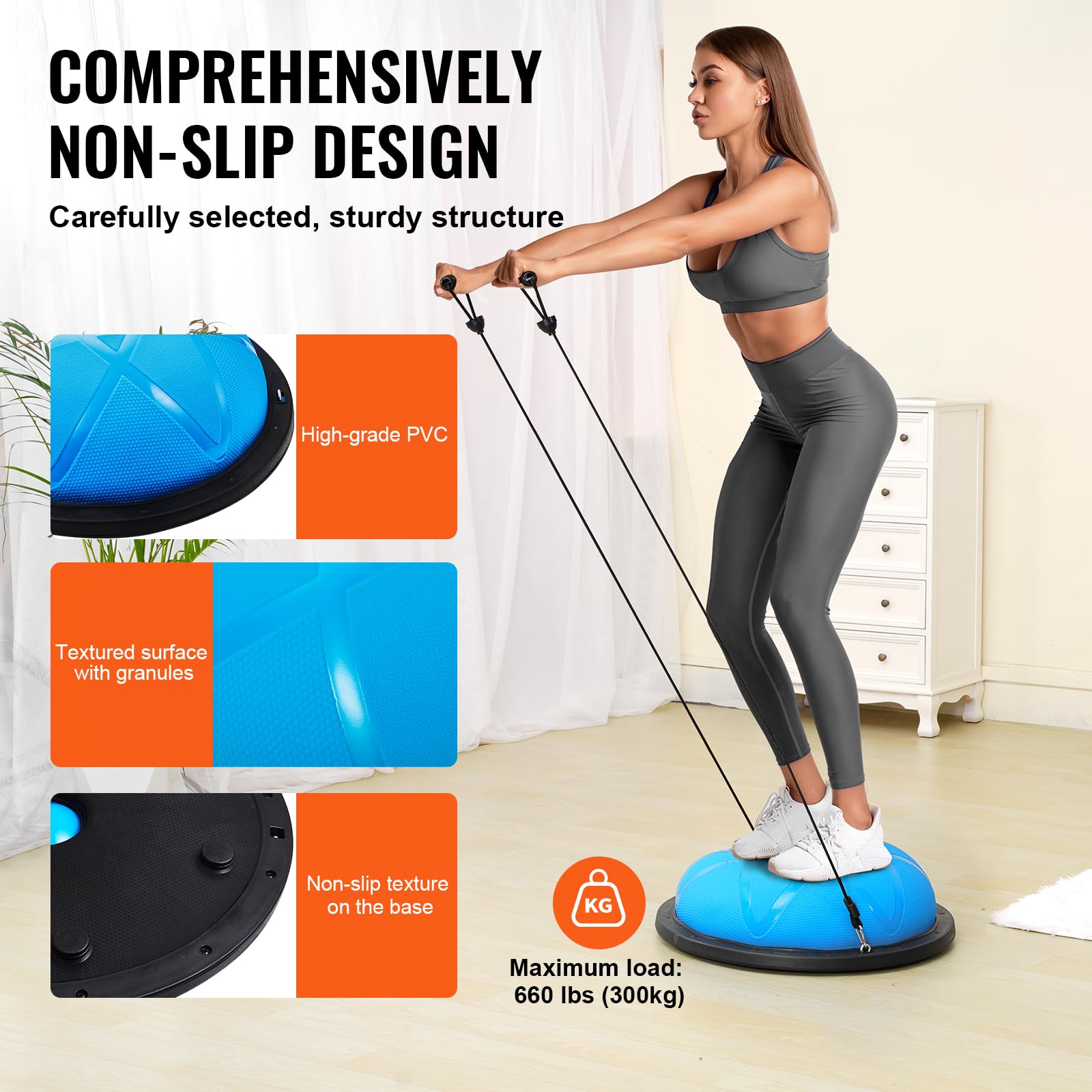 VEVOR 23/26 Inch Half Exercise Ball Trainer - 1500lbs Capacity Stability Ball with Resistance Bands & Foot Pump - Yoga Balance Ball for Home Gym, Core Workouts, Pilates, Physical Therapy & Full Body Fitness - Black