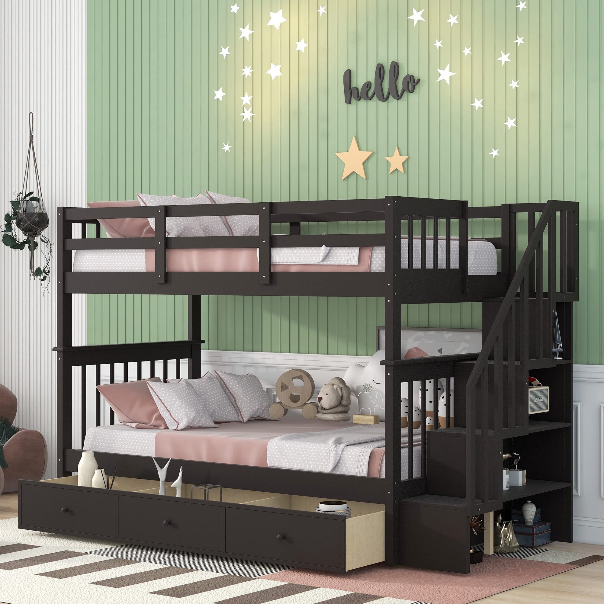 Full Over Full Bunk Bed with Stairs & Storage - Wood Frame for Kids/Adults - Space Saving Bedroom Solution