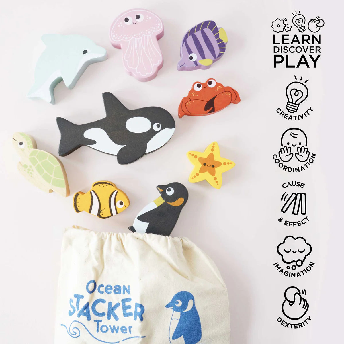 Le Toy Van Petilou Ocean Stacking Animals & Storage Bag – Wooden Stacking Toy for Toddlers, Educational Montessori Toys for Kids – Perfect for Beach, Bath Time & Nursery Play
