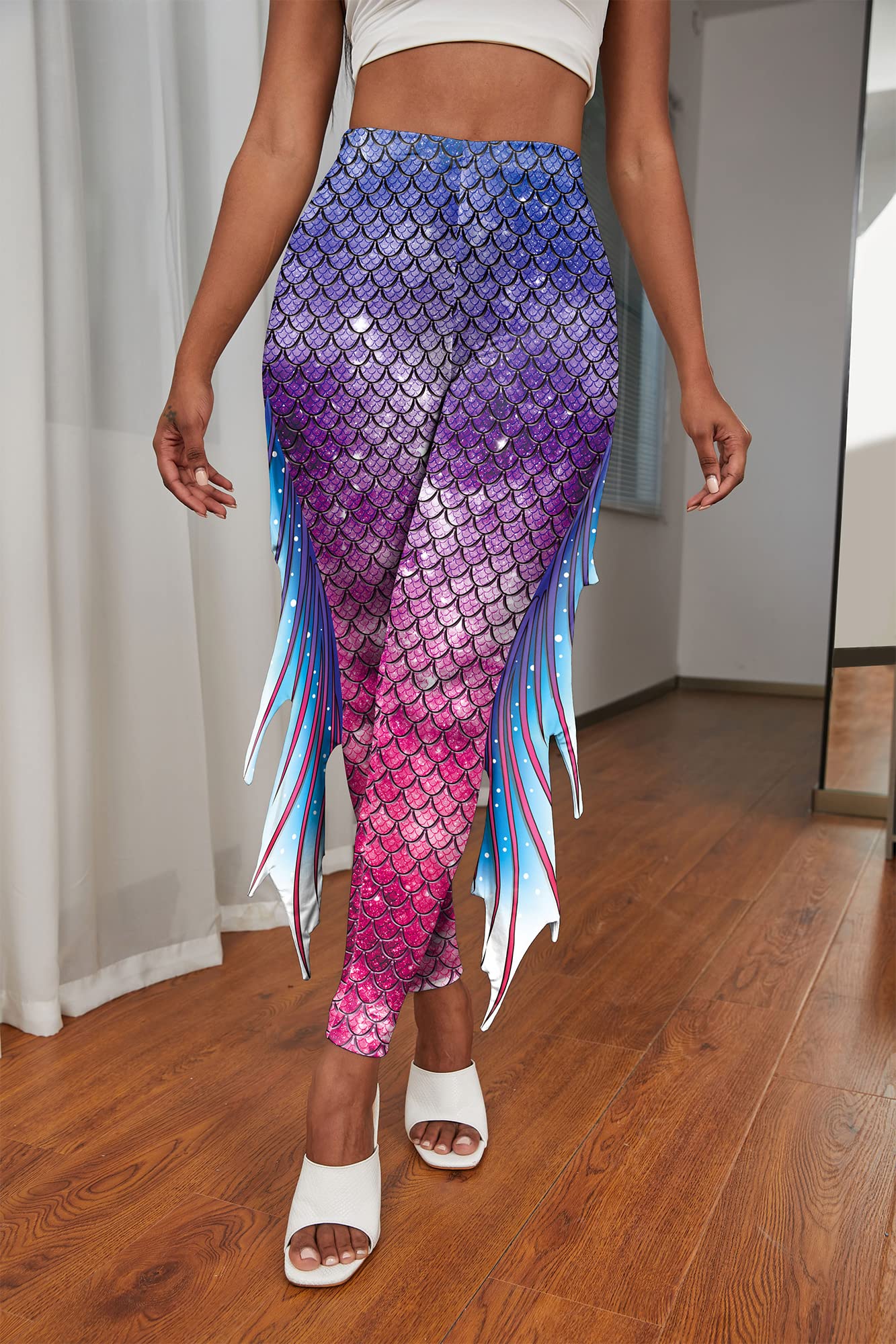 Mermaid Scale Leggings for Women - High Waisted Fish Print Yoga Pants - Full Length Tights for Halloween, Dance Party, Cosplay & Festival Outfits