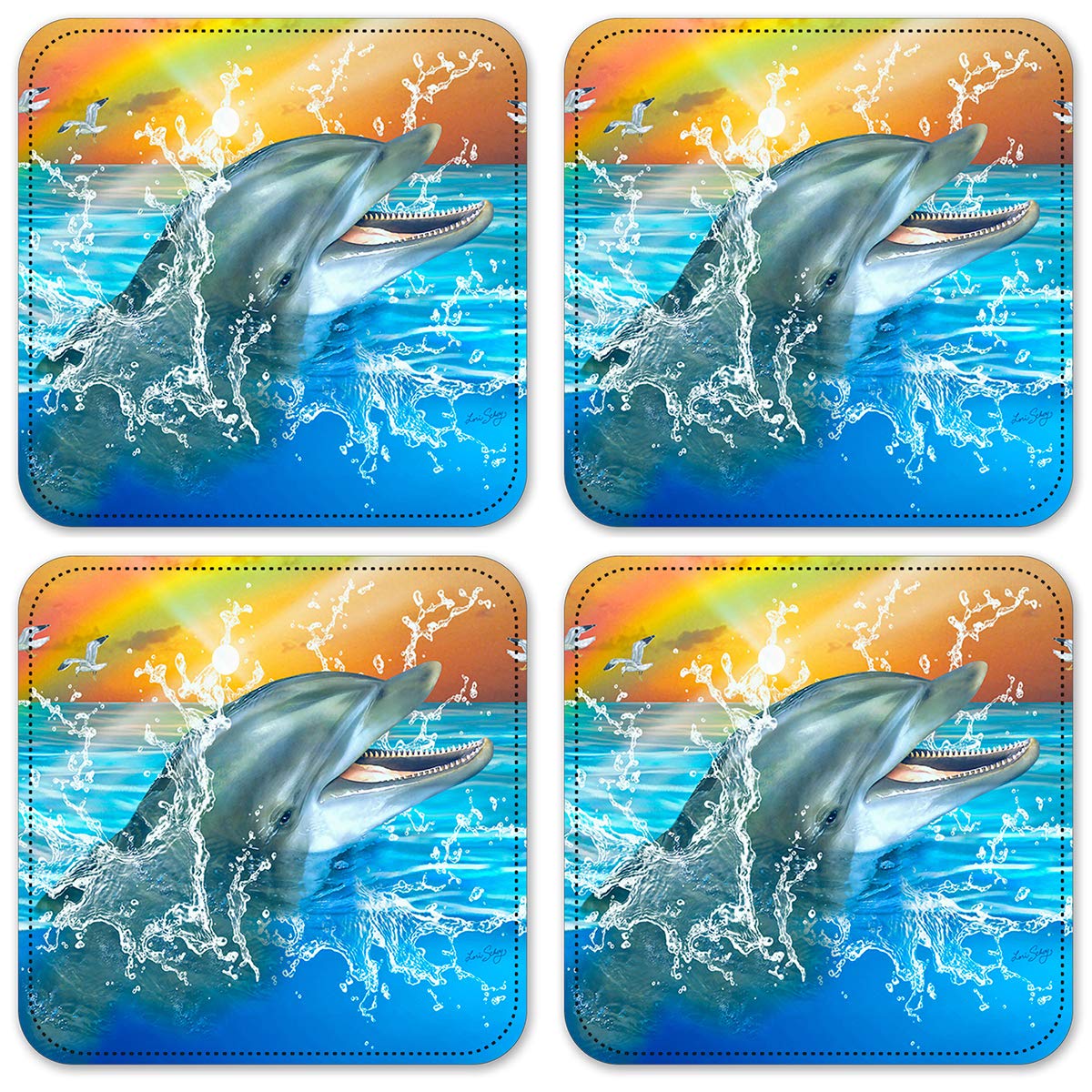 Premium Non-Slip Vinyl Drink Coasters Set of 4 - Cute Dolphin Design for Coffee Table & Home Decor - Perfect for Parties, Bars, and Office Use