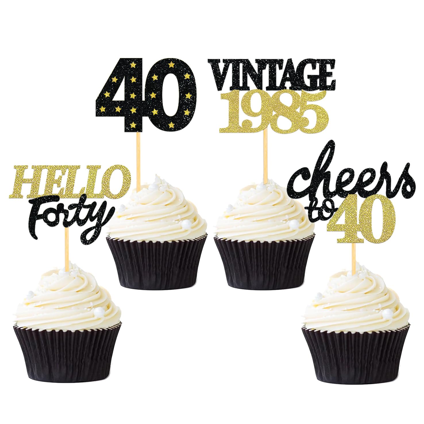 24 Pcs Black & Gold Glitter 40th Birthday Cupcake Toppers - Elegant 40th Anniversary Party Decorations for Women & Men - Perfect for Milestone Birthday Cakes, Desserts, and Celebration Events