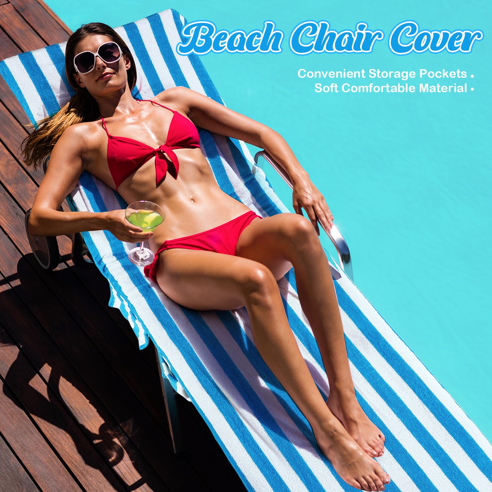 6-Piece Striped Lounge Chair Towel Covers 30x85 Inch - Large Pool Chaise Cushion Covers with Top & Side Pockets - Waterproof Outdoor Furniture Protector for Beach, Poolside, Patio (Blue) - Perfect for Summer Relaxation by the Pool or Seaside Lounging