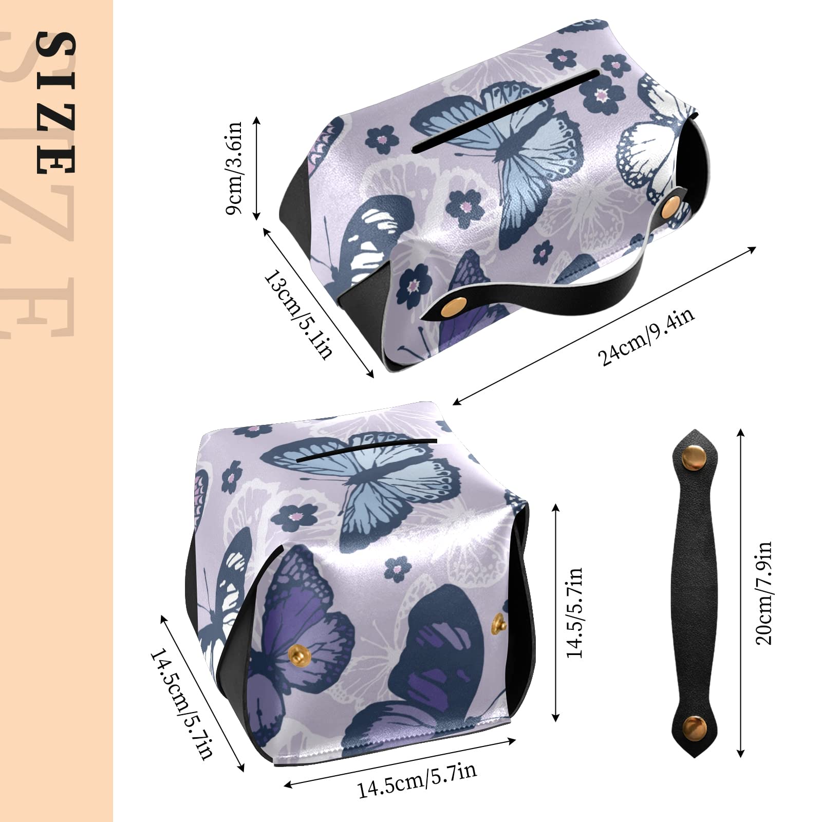 Purple Butterfly Rectangle PU Leather Tissue Box Cover with Removable Handle - Wall Mountable Tissue Holder Dispenser for Car, Bathroom, Bedroom, Nightstand & Desk - Perfect for Home, Office and Travel Use