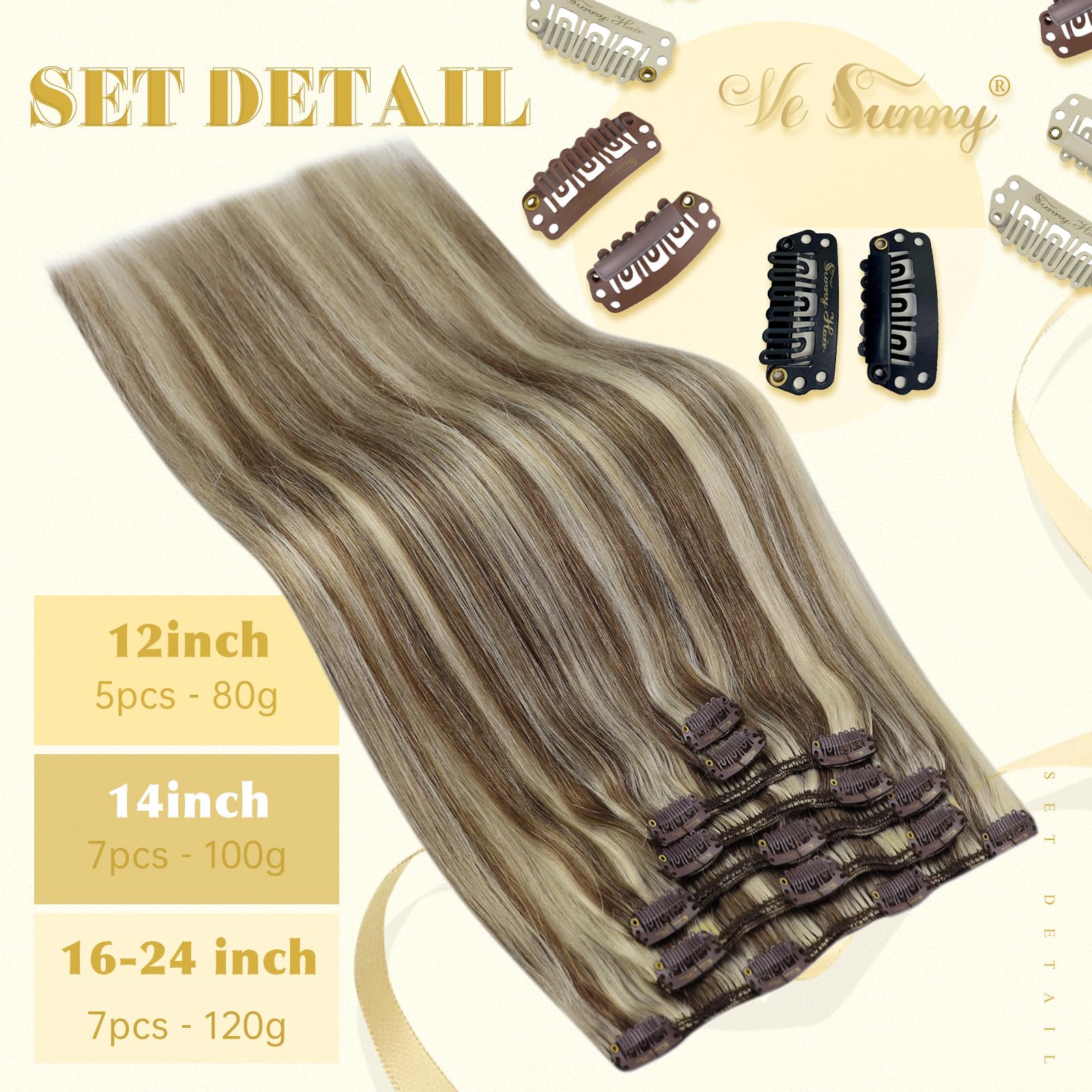 Ve Sunny 24 Inch Clip-in Human Hair Extensions - Remy Hair, Brown Blonde with Light Brown & Platinum Blonde Highlights (7pcs, 120g) for Everyday Styling & Special Occasions
