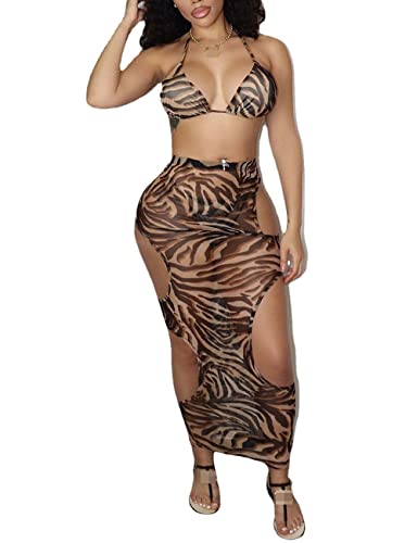 Ophestin Women's Sexy Print Halter Bikini Top & Skirt Set - 3 Piece Swimwear for Beach, Pool Party & Summer Vacation