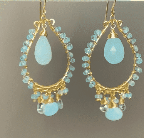 Aqua Chalcedony Gold Fill Hoop Chandelier Earrings with Apatite - Elegant Boho Jewelry for Women, Perfect for Weddings, Parties & Special Occasions