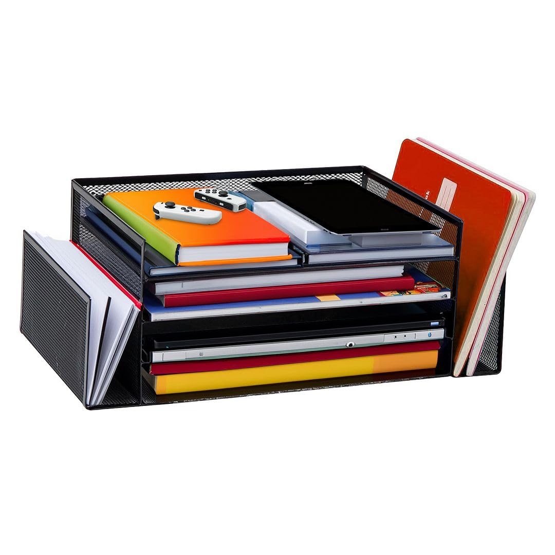 Mesh Desk File Organizer with 4 Compartments - Letter Tray for Papers, Folders, Binders & Office Supplies - Perfect for Home Office Organization & Storage (Black) - Great for Workspace, Study Desk & Office Organization