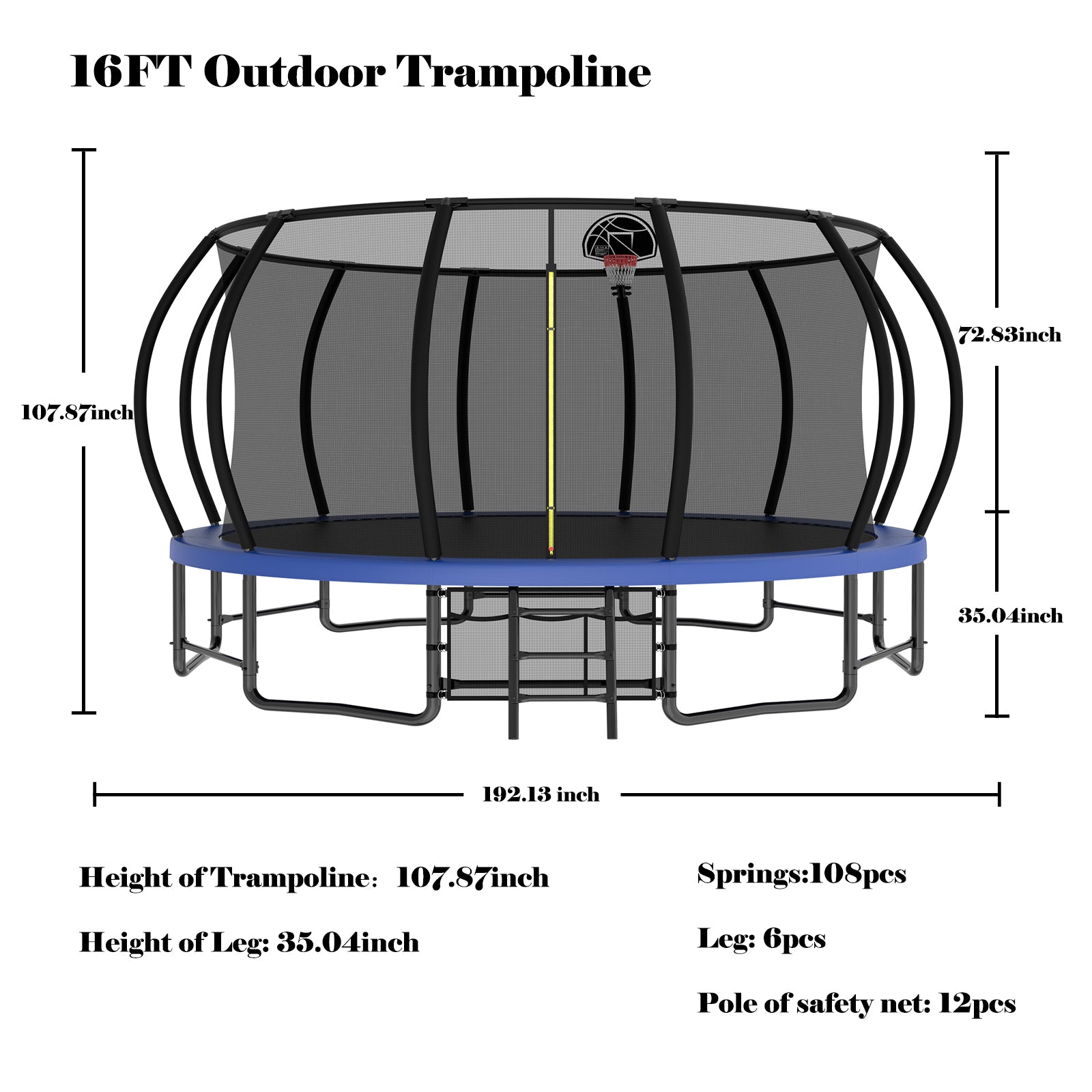 16FT Heavy Duty Outdoor Trampoline for Kids & Adults - ASTM Approved Pumpkin Shape with Curved Poles & Anti-Rust Coating | Perfect for Backyard Fun, Family Exercise, and Outdoor Recreation