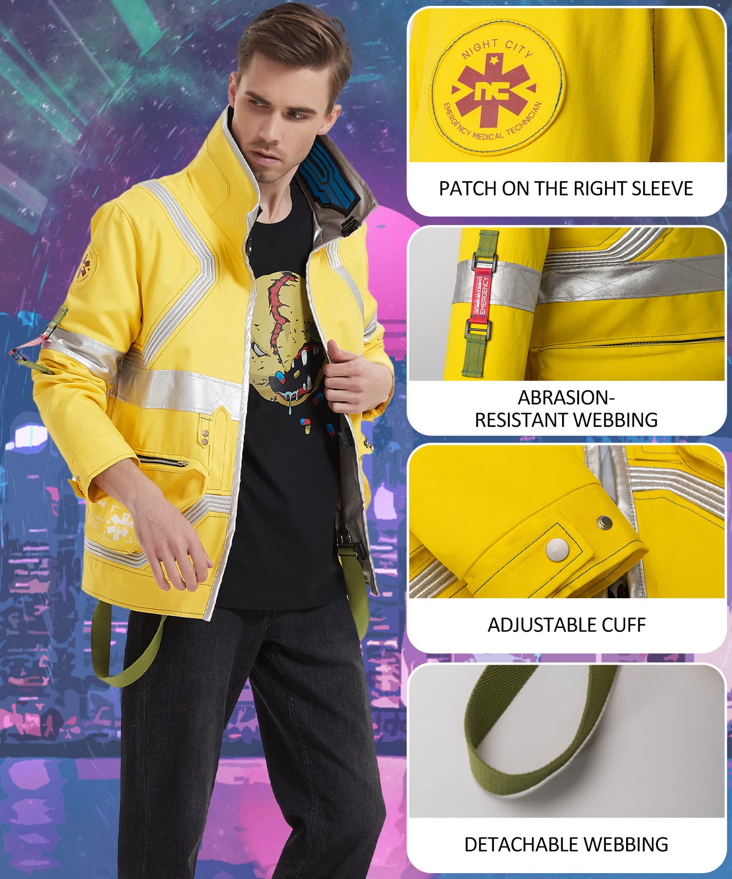 David's Jacket Cosplay Costume - Anime Role Play Stand Collar Cotton Winter Bomber Jacket for Men & Women (Yellow, XS-XXXL) | Perfect for Halloween, Comic Con, Cosplay Events & Anime Enthusiasts