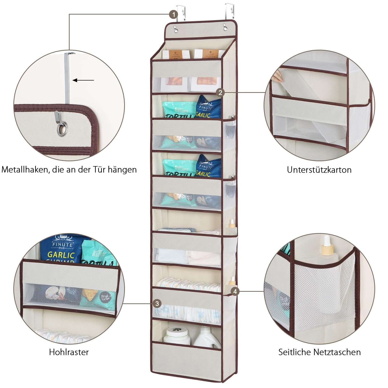 Kntiwiwo 6-Tier Over The Door Organizer with 8 Mesh Side Pockets - Space-Saving Bathroom & Nursery Storage Solution for Baby Essentials, Towels & Toiletries (Beige) - Perfect for Small Spaces, Closet Organization & Baby Room Storage