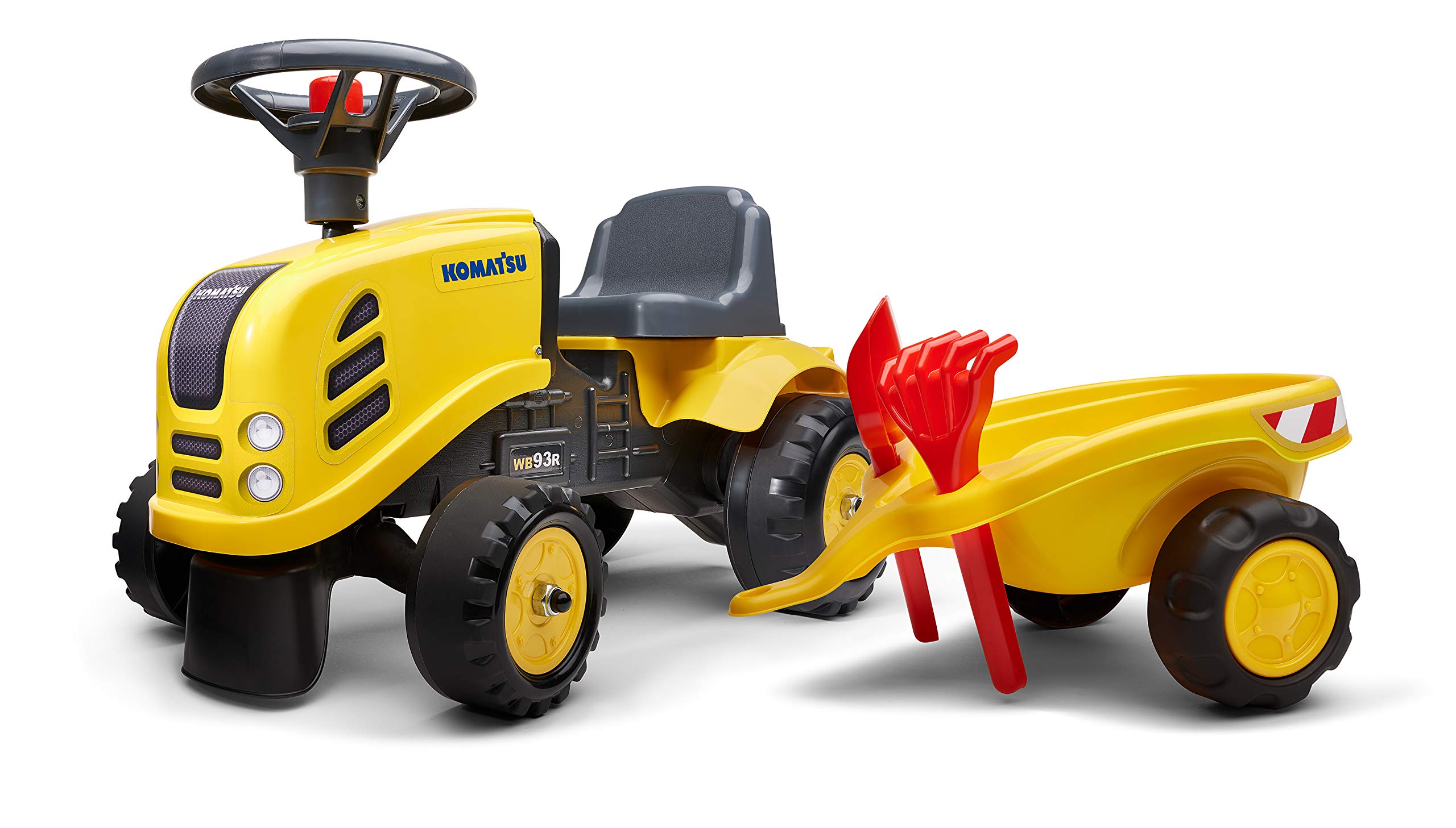 Komatsu Tractor Toy with Trailer, Rake & Shovel - 2 Sticker Sets - Push Ride-On Toy for Toddlers 1+ Years - FA286C - Fun Farm & Construction Pretend Play for Kids