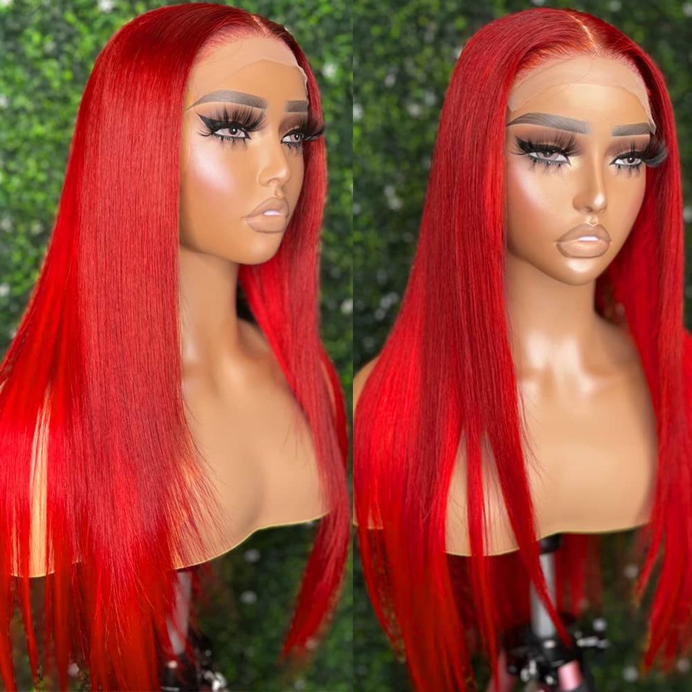 QD-Tizer 24 Inch Long Straight Red Synthetic Lace Front Wig for Women - Heat Resistant, Glueless, Natural Hairline | Perfect for Cosplay, Daily Wear & Special Occasions