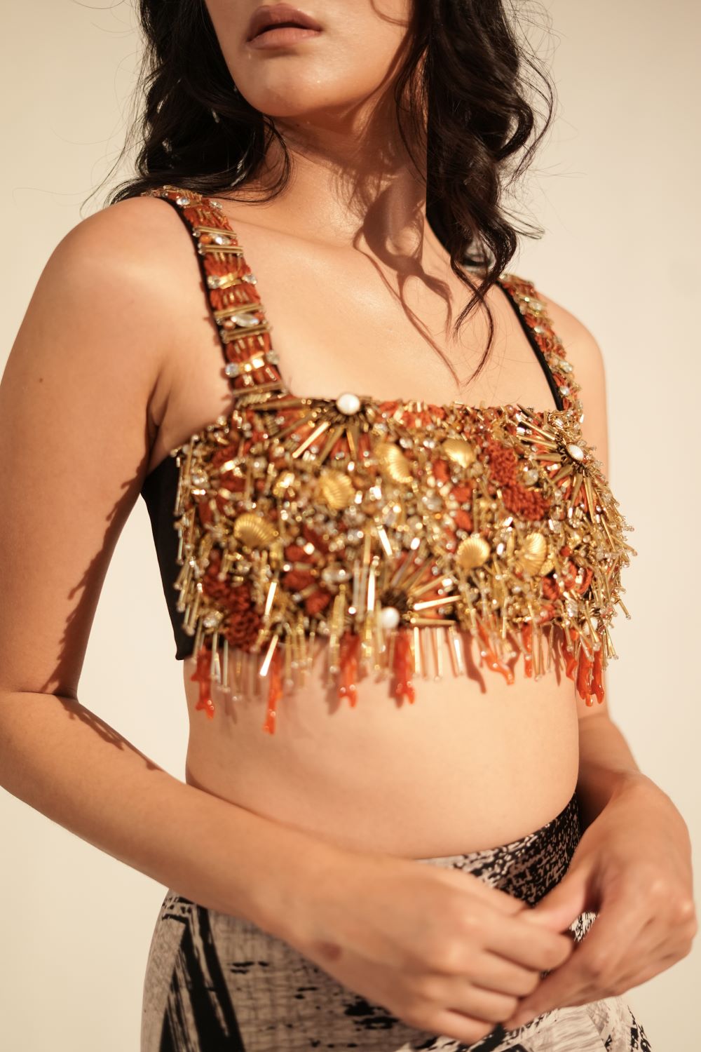 Luxury Black Crop Top with Coral & Gold Embellishments - Women's Fashion Blouse for Party, Dinner & Special Occasions