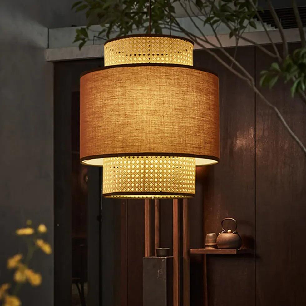 Rattan and PVC Double Layer Cylindrical Pendant Light - Modern Boho Ceiling Fixture for Dining Room, Bedroom, or Living Room Decor