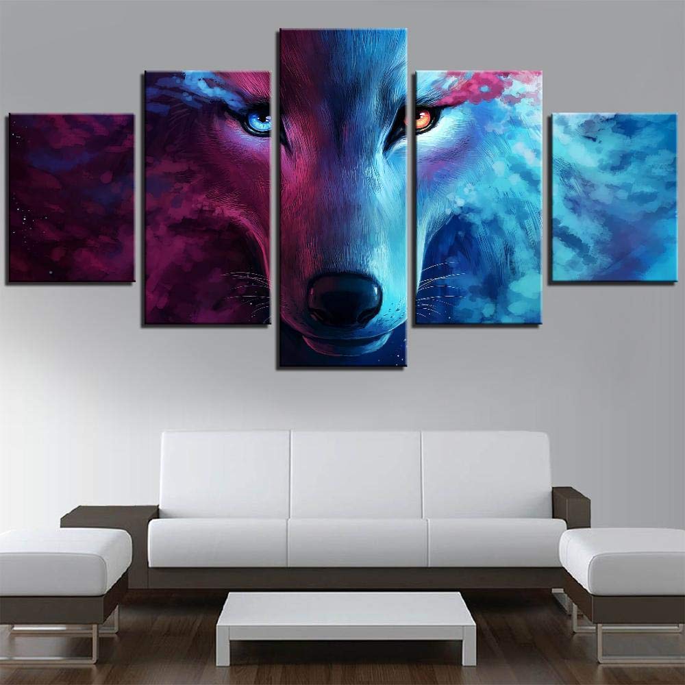 Fonxoy Wolf Canvas Wall Art - 5-Piece Purple & Blue Oil Painting for Home & Restaurant Decor