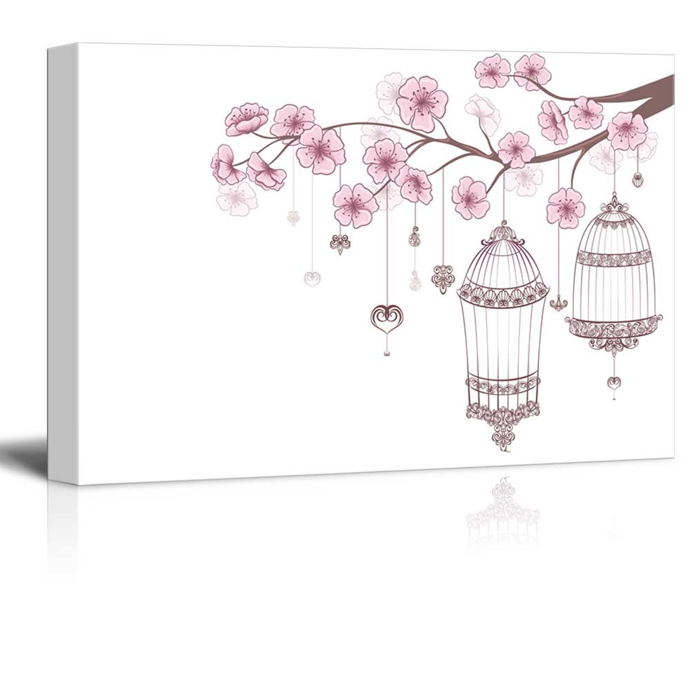 Modern Canvas Wall Art - Blooming Cherry Branch with Bird Cages | Stretched Gallery Wrap Giclee Print Ready to Hang - 32x48 inches - Perfect for Living Room, Bedroom & Office Decor