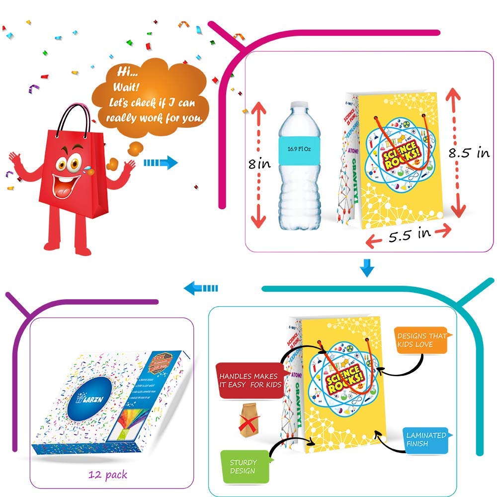 LARZN Premium Science Party Favor Bags - 12 Pack | Science Themed Treat & Gift Bags for School Celebrations, Birthday Parties & Classroom Decorations | Durable Goodie Bags for Kids Science Party Supplies