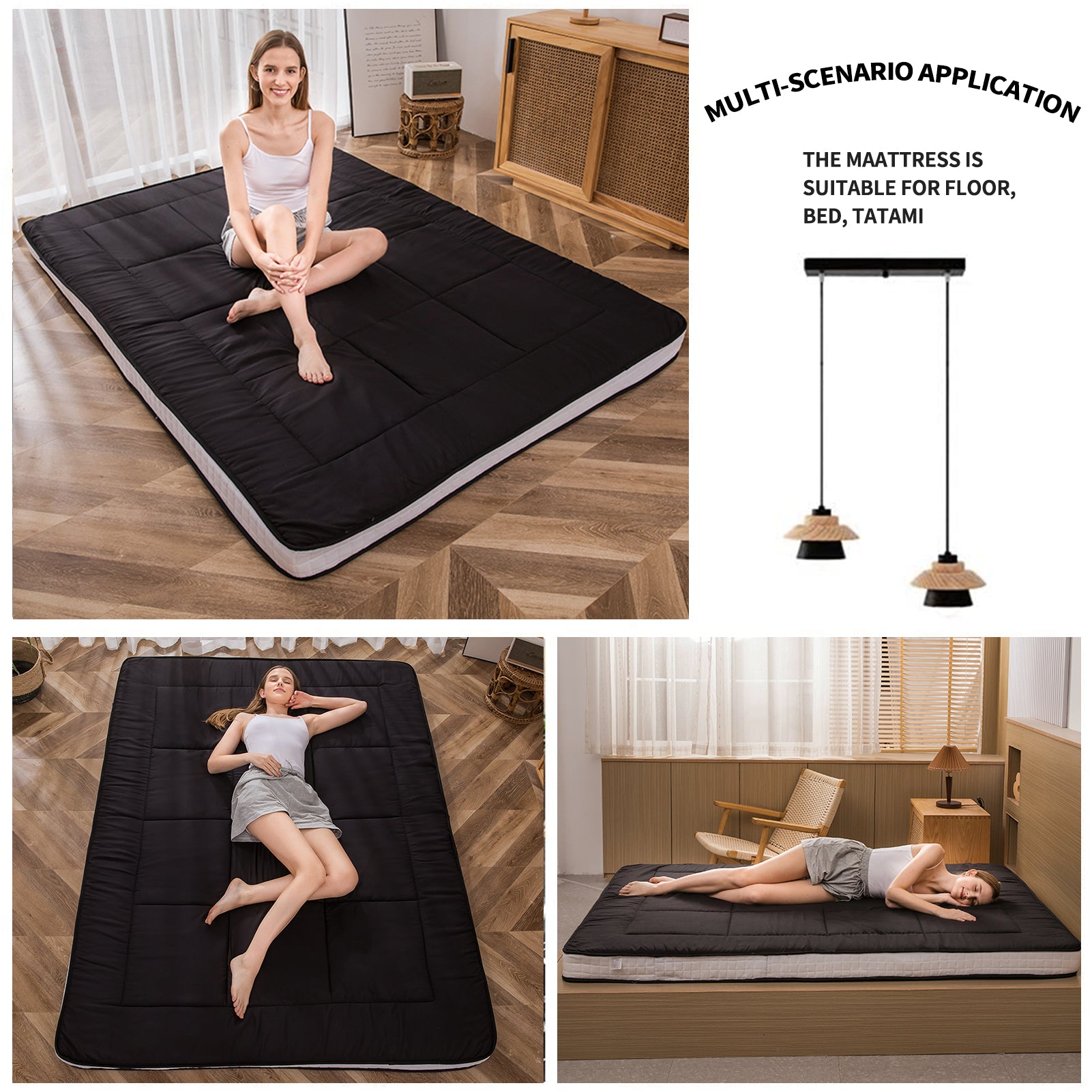 MAXYOYO Padded Japanese Floor Mattress - Black Foldable Roll Up Futon for Bedroom, Guest Room & Travel | Comfortable Floor Sleeping Mat for Adults & Kids