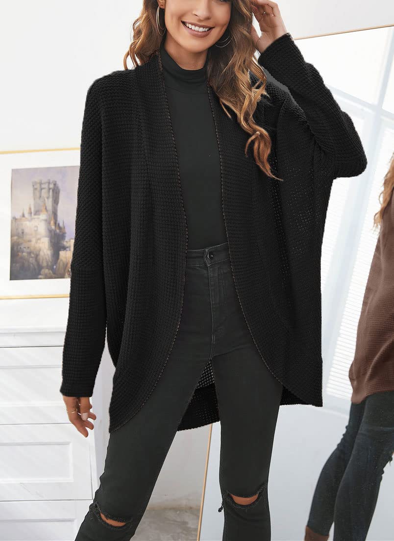 Ebossy Women's Oversized Kimono Cardigan - Soft Open Front Knit Sweater with Waffle Texture & Batwing Sleeves | Cozy Boyfriend Style Loungewear for Home, Office & Casual Outings