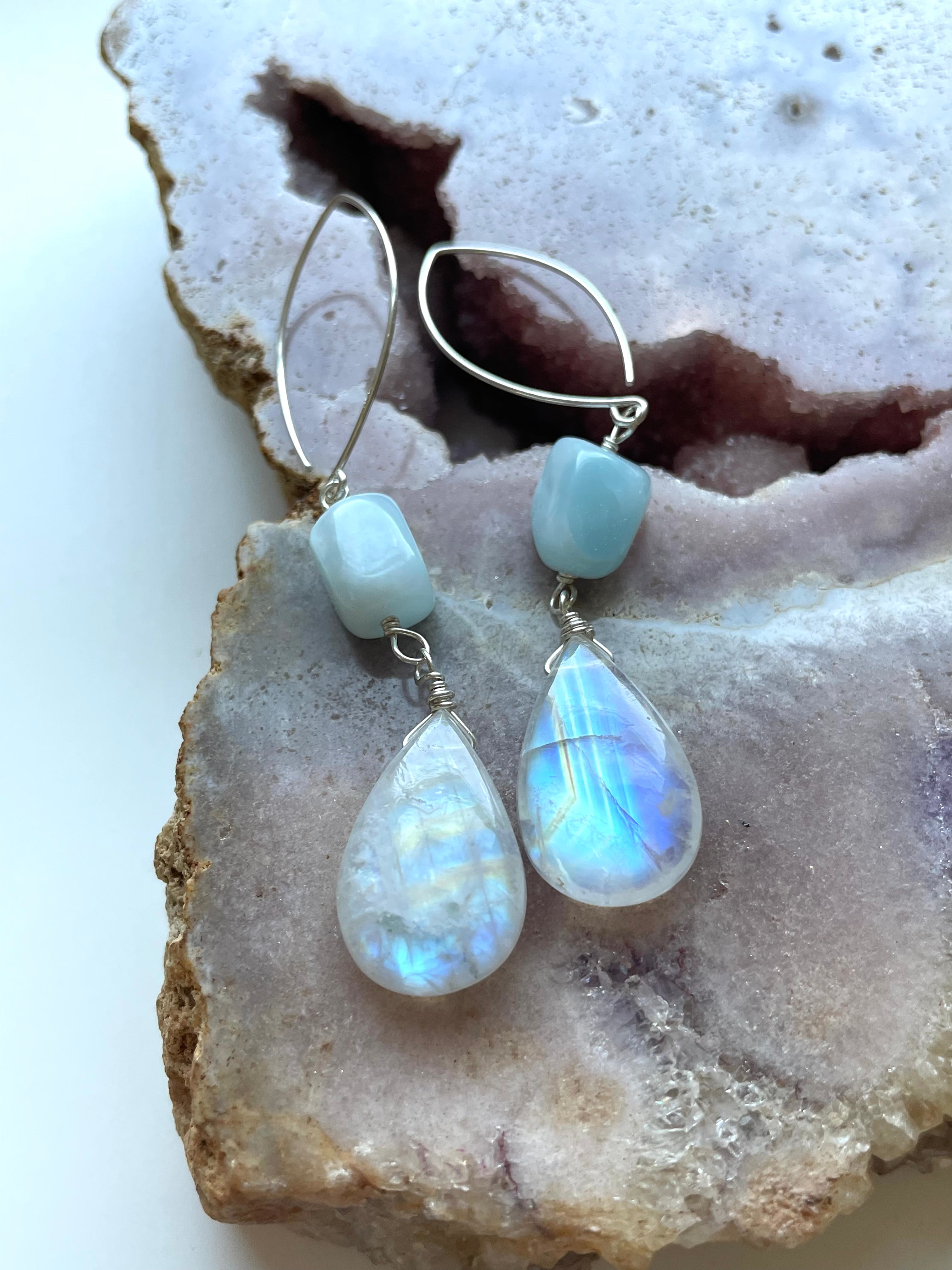 Long Larimar and Moonstone Earrings - Sterling Silver or Gold Filled Dangle Earrings for Women | Perfect for Weddings, Parties & Boho Fashion